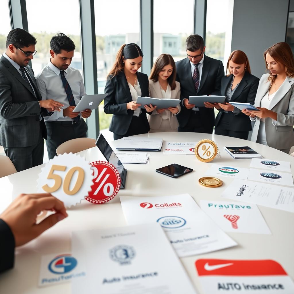A professional, sleek office environment showcasing a diverse group of business professionals in modest, business attire diligently comparing auto insurance rates on laptops and tablets. In the foreground, close-up images of auto insurance discount symbols, such as percentage signs and badges, emphasize key savings opportunities. The middle ground features a modern conference table adorned with documents and brochures labeled with various insurance companies' logos. In the background, large windows let in soft natural light, creating a bright and optimistic atmosphere. The scene conveys a sense of collaboration and informed decision-making, highlighting the importance of discounts when comparing rates. The composition focuses on clarity and professionalism, emphasizing the theme of financial prudence in the realm of auto insurance.