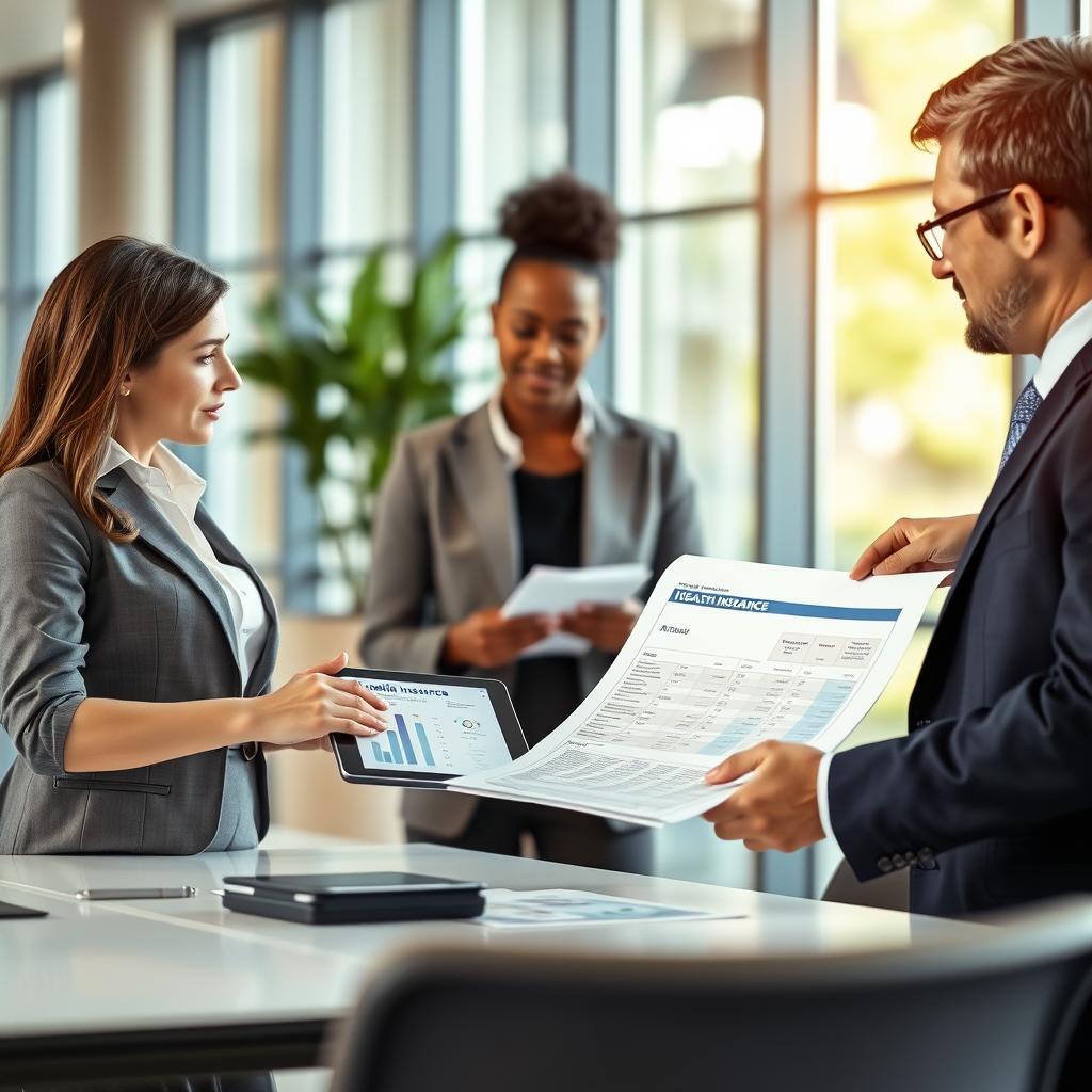 A professional small business setting featuring a diverse group of three business people discussing health insurance options. In the foreground, a woman in smart business attire holds a tablet showing insurance plans, while a man in a suit points to a chart on a conference table. Beside them, a woman in smart-casual clothing takes notes. The background displays a well-lit, modern office with large windows, creating a bright, inviting atmosphere. Soft natural light filters in, illuminating the scene and adding warmth. Focus on their engaged expressions and collaborative spirit, with a slight depth of field to emphasize the discussion over the office decor. A sense of professionalism and teamwork pervades the image, reflecting the importance of selecting the right insurance provider for small businesses.