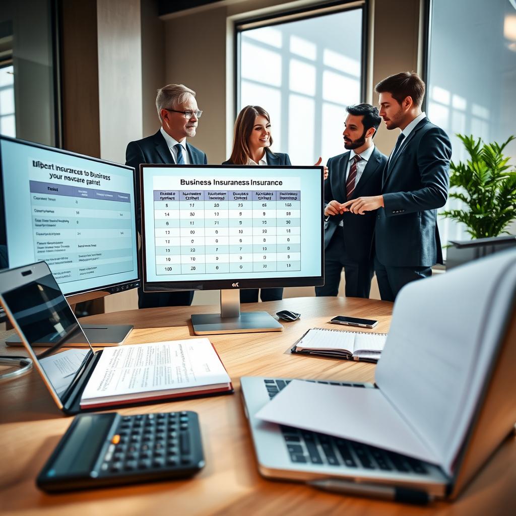 A professional workspace featuring a modern office desk with a computer displaying a detailed comparison chart of various business insurance options. The foreground includes a laptop open to a spreadsheet, alongside a calculator and a notepad filled with handwritten notes. In the middle, a diverse group of four business professionals dressed in smart business attire engage in discussion, pointing at the chart on the screen, portraying collaboration and decision-making. The background shows a large window with natural light streaming in, casting soft shadows, creating an inviting and productive atmosphere. The overall mood is focused and informative, emphasizing the importance of careful comparison in selecting affordable business insurance. The perspective is slightly angled to draw attention to the screen and participants while maintaining clarity and detail in the setting. A professional workspace featuring a modern office desk with a computer displaying a detailed comparison chart of various business insurance options. The foreground includes a laptop open to a spreadsheet, alongside a calculator and a notepad filled with handwritten notes. In the middle, a diverse group of four business professionals dressed in smart business attire engage in discussion, pointing at the chart on the screen, portraying collaboration and decision-making. The background shows a large window with natural light streaming in, casting soft shadows, creating an inviting and productive atmosphere. The overall mood is focused and informative, emphasizing the importance of careful comparison in selecting affordable business insurance. The perspective is slightly angled to draw attention to the screen and participants while maintaining clarity and detail in the setting.