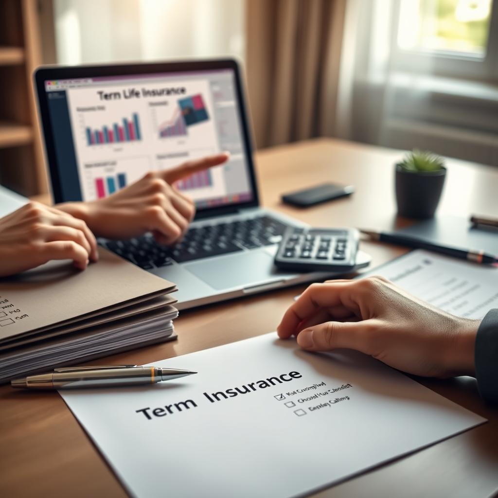 A professional workspace featuring a well-organized desk with a laptop displaying graphs and charts related to term life insurance. In the foreground, include a neatly stacked folder labeled "Term Life Insurance Policy" next to a formal pen and a notepad with a checklist for choosing the right policy. In the middle, show a pair of hands, one holding a calculator and the other pointing at a section of the laptop screen, symbolizing decision-making. In the background, soft natural light filters through a window, creating a warm and inviting atmosphere. The overall mood is focused and attentive, conveying the importance of securing a family's future. The image should not include any people but should reflect a professional tone suitable for financial advice.