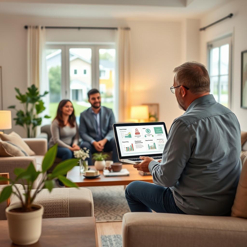 A serene home setting depicting the essence of liability coverage. In the foreground, a professional-looking family, dressed in modest casual clothing, is discussing with a friendly insurance agent. The agent is explaining concepts using a laptop, displaying graphical representations of liability coverage options. In the middle, a cozy living room showcases items like a couch, coffee table, and plants, symbolizing home comfort and security. In the background, softly lit windows reveal a peaceful neighborhood, emphasizing community safety. The overall mood is reassuring and informative, capturing the importance of having comprehensive liability coverage. Soft, natural lighting highlights the scene, creating a warm and inviting atmosphere, with a focus on clarity and trust.