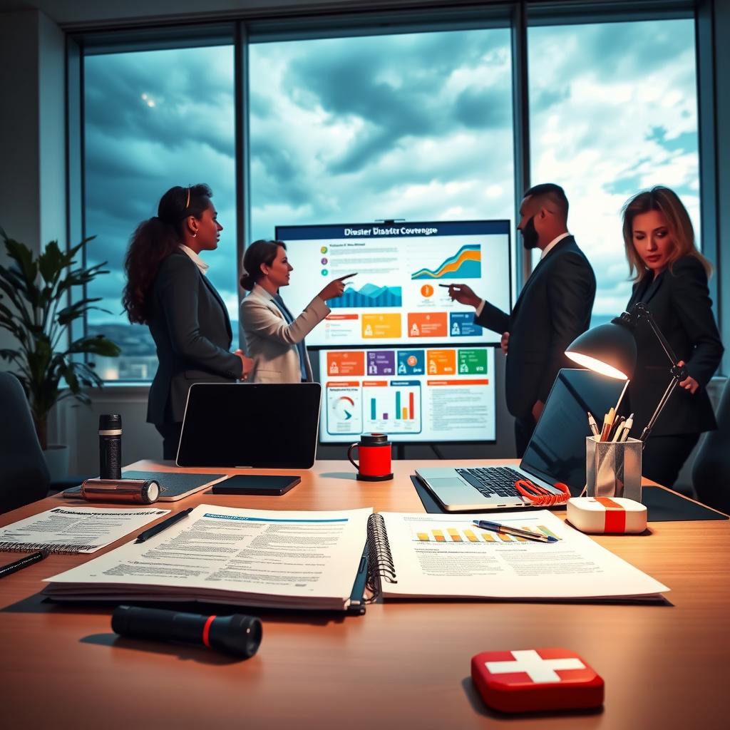A serene office environment emphasizing "Essential Features of Disaster Coverage Policies." In the foreground, a well-organized desk with open policy documents, a laptop displaying graphs, and essential disaster preparedness items like a flashlight and first-aid kit. In the middle, a diverse group of professionals in business attire discuss the policies, pointing at a colorful infographic displayed on a large screen. In the background, a large window reveals a stormy sky, hinting at natural disasters. Soft, natural lighting enhances the seriousness of the environment. The atmosphere feels focused and proactive, highlighting the importance of comprehensive disaster coverage. The image should evoke a sense of urgency combined with professionalism, capturing the essence of preparedness and risk management.