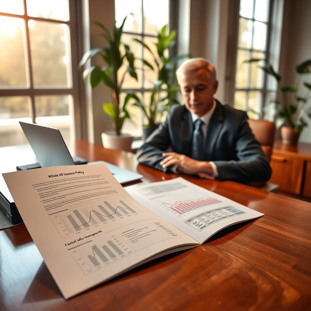 A serene office environment featuring a professional financial advisor seated at a polished wooden desk, reviewing a whole life insurance policy document. In the foreground, an open file displays graphs and facts about cash value growth, showcasing a steady upward trend. In the middle, a laptop is open, displaying financial calculations. In the background, large windows let in warm afternoon light, casting a soft glow across the room, highlighting indoor plants for a touch of life. The atmosphere is calm and focused, evoking a sense of trust and security regarding financial planning. The advisor, dressed in a well-fitted suit, is deeply engaged in their work, embodying professionalism and expertise.