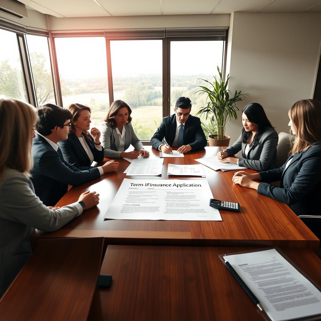 A serene office environment showcasing the term life insurance application process. In the foreground, a diverse group of individuals in professional business attire are seated at a polished wooden table, engaged in discussion, with one person reviewing application forms. In the middle, a large document titled "Term Life Insurance Application" is spread out, with a calculator and a pen nearby, symbolizing financial planning. The background features a window with natural light streaming in, revealing a calming landscape and lush greenery outside, enhancing the atmosphere of security and optimism. The scene is framed in a warm, inviting color palette, conveying a sense of trust and professionalism, captured from a slightly elevated angle to give a comprehensive view of the interaction.