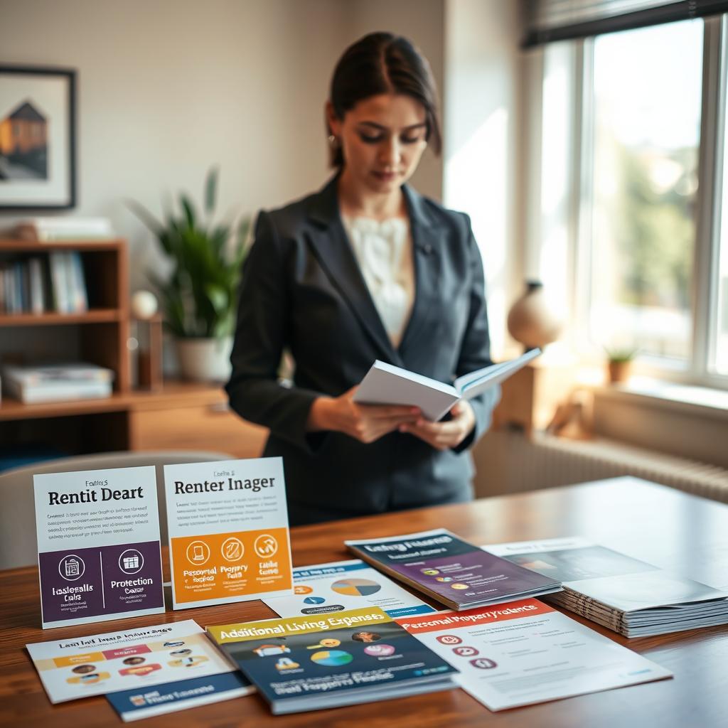 A serene office environment showcasing various types of renters insurance policies. In the foreground, a well-organized table displays colorful brochures and pamphlets labeled "Liability Coverage," "Personal Property Protection," and "Additional Living Expenses," each with distinct icons representing their coverage. In the middle, a professional businesswoman in modest attire reviews the brochures, taking notes on a notepad. The background features a warm, inviting workspace with soft natural lighting filtering through a large window, casting gentle shadows. The atmosphere should feel informative and reassuring, promoting the idea of security and financial safety for renters. The image should be composed with a slight depth of field, drawing attention to the details of the brochures while keeping the businesswoman in focus.