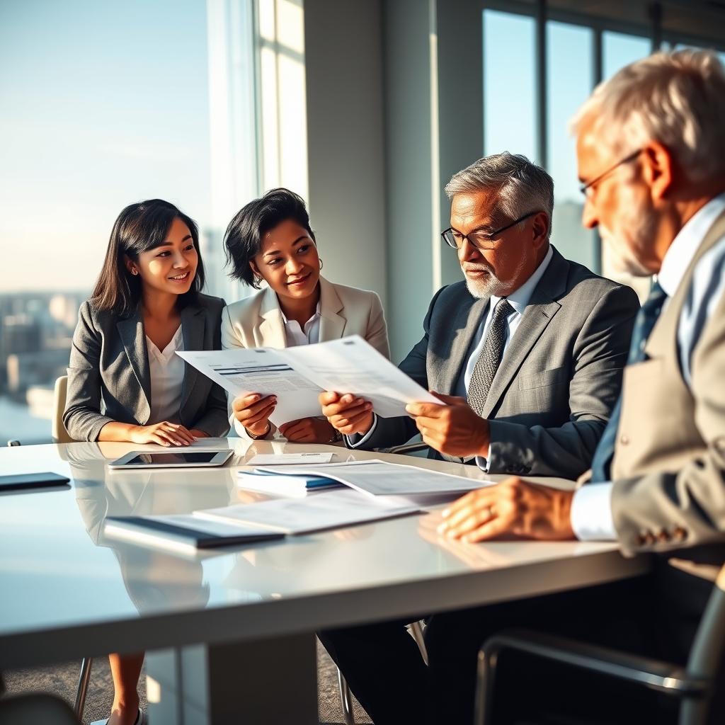 A serene, professional meeting room with soft, natural lighting casting gentle shadows. In the foreground, a diverse group of three individuals dressed in smart business attire — a middle-aged woman of Asian descent, a young Black man, and a senior Caucasian man — engaged in a thoughtful discussion, analyzing a polished document about whole life insurance. The middle layer features a sleek, modern conference table adorned with a few financial reports and a laptop, indicating serious deliberation. In the background, large windows overlook a tranquil cityscape, adding a sense of stability and trust. The overall mood is one of professionalism and assurance, embodying the essence of lifelong financial planning and security, with colors reflecting calmness such as blues and greens.