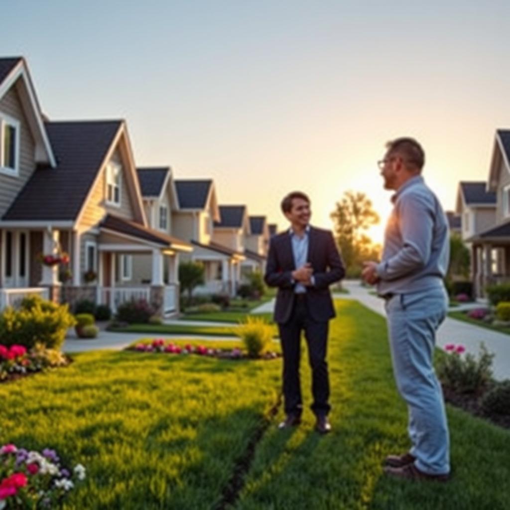 A serene suburban neighborhood in the foreground, showcasing charming homes with well-maintained lawns and vibrant flower gardens, symbolizing residential stability. In the middle ground, a friendly insurance advisor in professional attire, standing confidently, is discussing tips with a couple, who exhibit expressions of hope and understanding. The background features a clear blue sky and a sun setting on the horizon, casting warm golden light on the scene, creating an inviting atmosphere. The composition is captured with a slightly elevated angle to include both the advisor and the homes, emphasizing the connection between comprehensive coverage and personal savings. The mood is encouraging and optimistic, reflecting a sense of community and security.