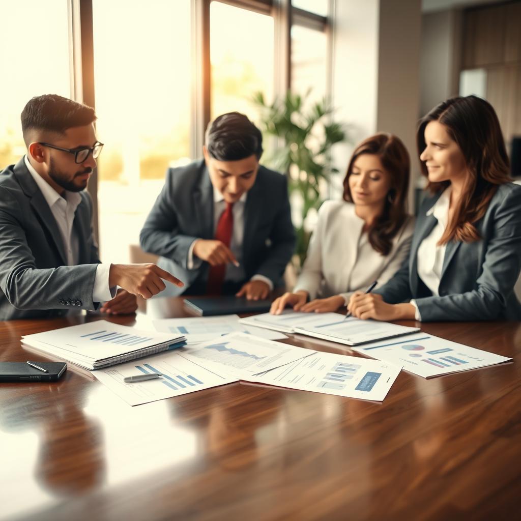 A sleek and organized life insurance application process scene, set in a modern office environment. In the foreground, a diverse group of three individuals dressed in professional business attire are engaged in discussion, carefully reviewing application forms and documents spread across a polished wooden table. One individual is pointing at a form, while another is taking notes. In the middle ground, financial charts and a computer screen display life insurance policy data, creating a sense of focus and analysis. The background features warm, soft lighting from large windows, allowing natural light to pour in, enhancing the inviting atmosphere. The overall mood is professional, collaborative, and reassuring, reflecting the importance of life insurance in ensuring financial security.