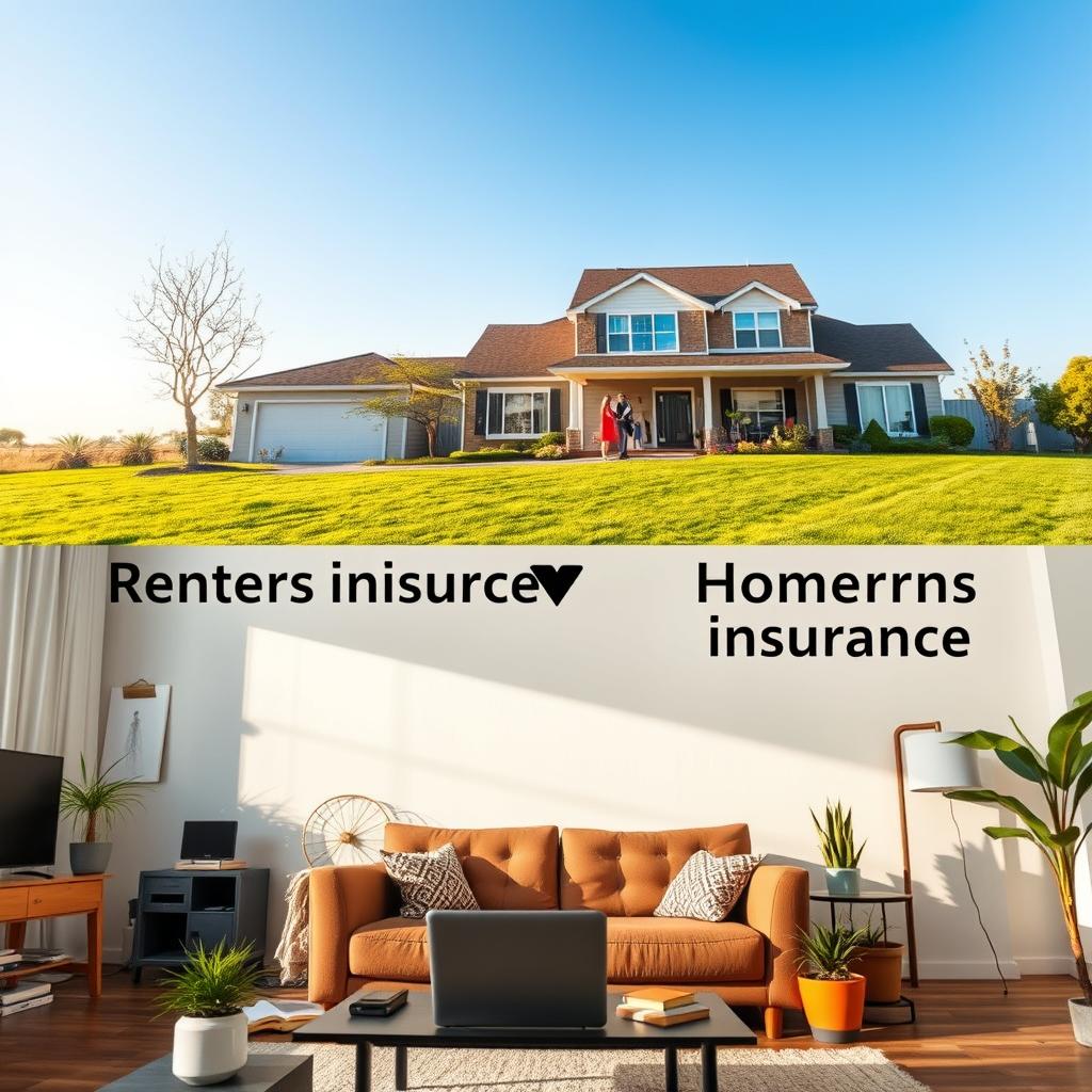 A split-scene illustrating the differences between renters insurance and homeowners insurance, featuring two contrasting environments. In the foreground, a modern apartment living room with a cozy couch, a coffee table with a laptop, and items like a TV and decorative plants showing personal belongings, symbolizing tenants' possessions. In the middle, a spacious suburban home with a well-kept lawn and a family enjoying a barbecue, reflecting homeowners. The background features a clear blue sky, bathed in warm afternoon sunlight, creating an inviting atmosphere. Use a wide-angle lens to capture both settings in one frame, highlighting the distinctiveness of renters insurance compared to homeowners insurance, while maintaining a calm and reassuring mood.