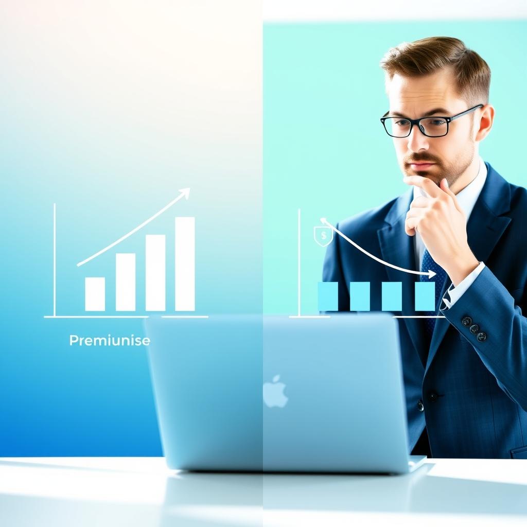 A split-screen visualization contrasting a homeowners insurance deductible with premium costs. On the left, a scene showing a clear, ascending bar graph illustrating premiums, with symbolic elements like a house and dollar signs, set against a soft gradient background in shades of blue. On the right, a descending graph representing deductibles alongside minimalistic icons of financial calculations and a shield, set against a calmed gradient of green. In the foreground, a professional businessperson in a neat suit, thoughtfully analyzing the graphs with a laptop open in front of them. The lighting is bright and airy, creating an optimistic atmosphere, with a slightly blurred depth effect to emphasize the graphs. The overall mood is informative and analytical.