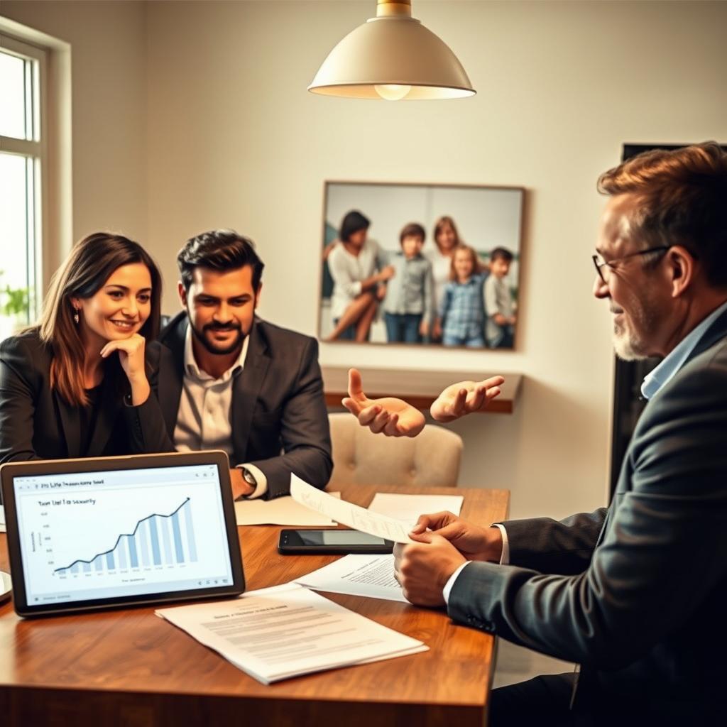 A thoughtful, professional scene illustrating the concept of term life insurance. In the foreground, a confident couple in business attire sits at a kitchen table, reviewing important documents, with expressions of focus and determination. In the middle, a friendly insurance advisor gestures towards a laptop displaying a clear graph of financial security. In the background, a softly lit family photo showcases their children playing together, symbolizing the family's future. The scene is illuminated with warm, natural light filtering through a window, creating an inviting atmosphere. The angle captures a sense of connection and trust, emphasizing the importance of planning for the future, while ensuring the overall mood remains hopeful and reassuring.