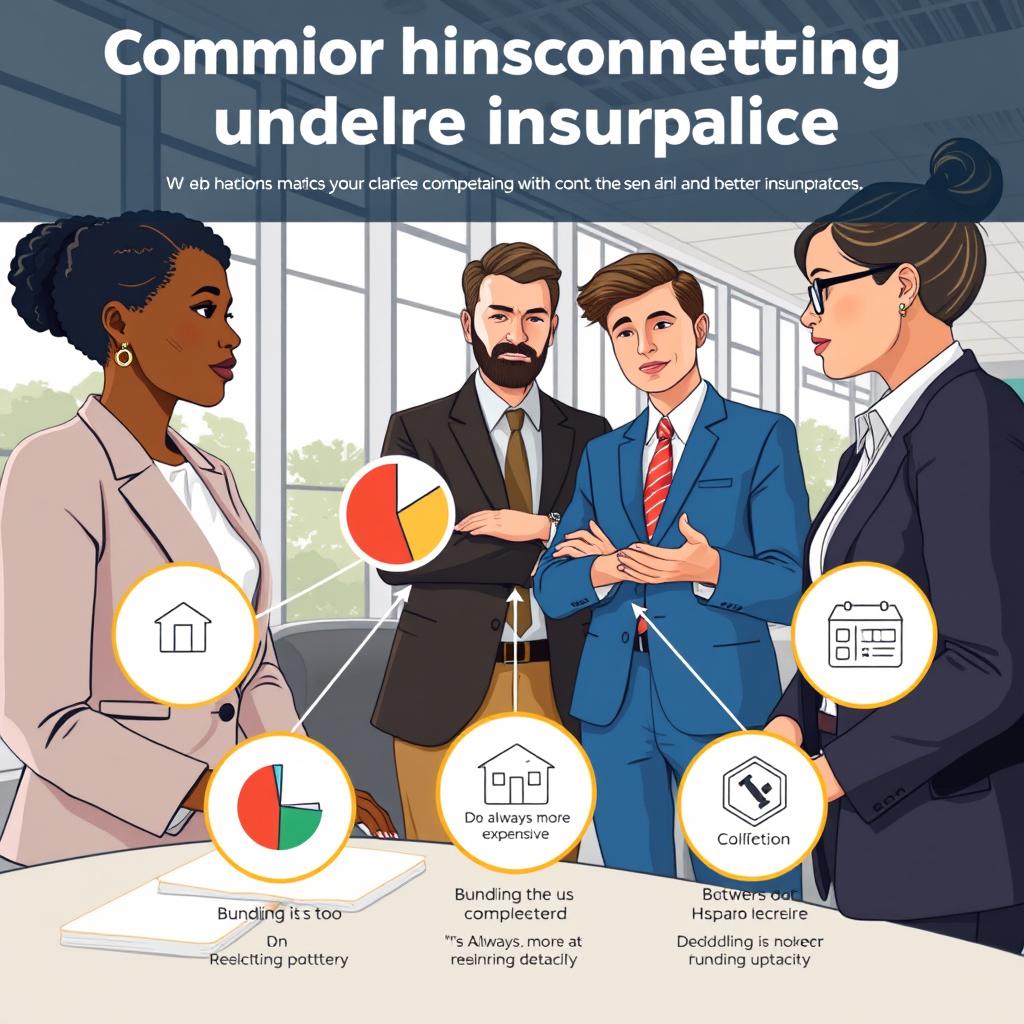 A thoughtfully composed infographic-style illustration depicting common misconceptions about bundling renters insurance. In the foreground, a diverse group of three professionals in business attire—an African American woman, a Caucasian man, and an Hispanic woman—discuss with a clear focus on visual aids, like pie charts and icons. In the middle, icons representing misconceptions like "bundling is too complicated" or "it's always more expensive" are creatively illustrated, perhaps with exaggerated expressions to evoke misunderstandings. The background features a bright office setting, with large windows providing natural light and a modern aesthetic. The overall mood is informative and engaging, aiming to enlighten viewers. The angle captures the dynamics of the discussion, emphasizing collaboration and clarity.