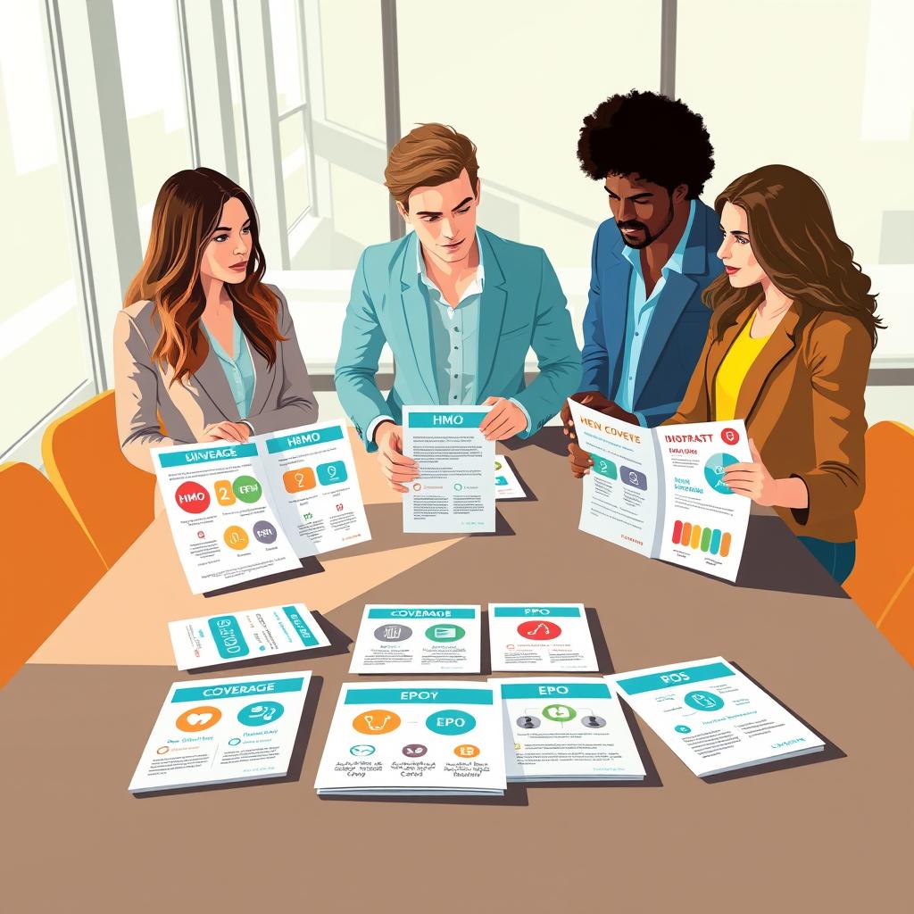 A vibrant and informative illustration of different types of health insurance plans. In the foreground, a diverse group of three professionals in smart casual attire, looking thoughtfully at various health insurance plan brochures spread out on a stylish conference table. In the middle, an assortment of brochures displaying icons representing various plans such as HMO, PPO, EPO, and POS, with clear visuals indicating coverage types and benefits. In the background, a bright, modern office space, with large windows allowing natural light to fill the room, creating a welcoming atmosphere. Soft shadows cast across the table enhance the depth. The image conveys a sense of professionalism and collaboration, inviting viewers to explore the options. A vibrant and informative illustration of different types of health insurance plans. In the foreground, a diverse group of three professionals in smart casual attire, looking thoughtfully at various health insurance plan brochures spread out on a stylish conference table. In the middle, an assortment of brochures displaying icons representing various plans such as HMO, PPO, EPO, and POS, with clear visuals indicating coverage types and benefits. In the background, a bright, modern office space, with large windows allowing natural light to fill the room, creating a welcoming atmosphere. Soft shadows cast across the table enhance the depth. The image conveys a sense of professionalism and collaboration, inviting viewers to explore the options.