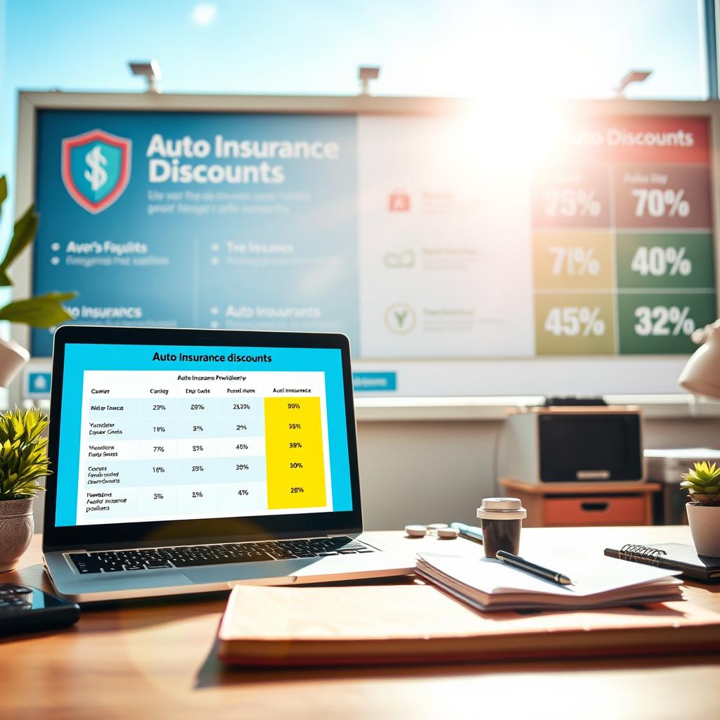 A vibrant and informative scene focused on auto insurance discounts, featuring a well-organized desk in the foreground. On the desk, place a laptop displaying a comparison chart of various auto insurance providers with highlighted discount percentages, alongside a calculator and a notepad filled with notes. In the middle ground, include an open window showing a sunny day outside, suggesting a positive atmosphere. In the background, subtly display a large billboard advertising various auto insurance discounts, showcasing symbols like shield icons and percentage signs. Use natural daylight to illuminate the scene, with a slight lens flare to evoke a sense of optimism. Aim for a clean and professional look that conveys trust and a sense of opportunity in the auto insurance market.