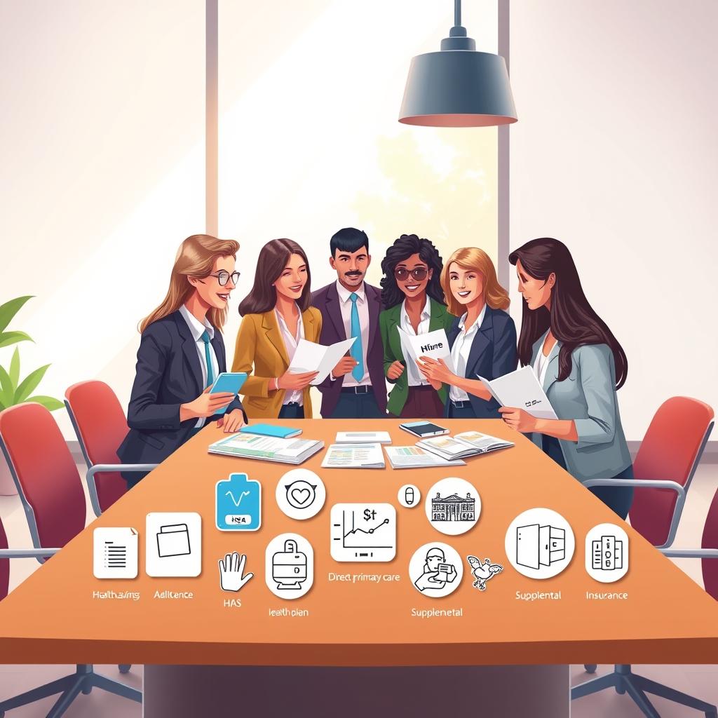 A vibrant illustration depicting various health insurance alternatives. In the foreground, showcase a diverse group of individuals in professional business attire discussing health plan options around a modern conference table filled with brochures and informational materials. In the middle ground, include visually appealing icons representing different types of health plans—like health savings accounts (HSAs), direct primary care, and supplemental insurance—arranged artistically. The background features a large window with natural daylight streaming in, creating an inviting, bright atmosphere. Use a soft focus on the background to enhance clarity on the subjects in the foreground. The mood should be one of collaboration and informed decision-making, emphasizing the importance of exploring various health insurance choices.