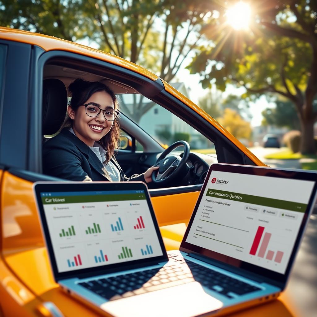 A vibrant image showcasing a young female driver, around 17 years old, seated confidently in a stylish, compact car with a bright exterior. She is dressed in smart, casual clothing, radiating enthusiasm and safety awareness. In the foreground, include an open laptop displaying a comparison of car insurance quotes tailored for teen drivers, with charts and icons indicating affordability. The middle ground features a scenic suburban street with trees and houses in soft focus, enhancing the feeling of community and responsibility. In the background, warm sunlight filters through leaves, casting gentle shadows, creating an inviting and hopeful atmosphere. Capture this scene with a wide-angle lens to emphasize both the driver and the environment, conveying a sense of empowerment for young drivers.