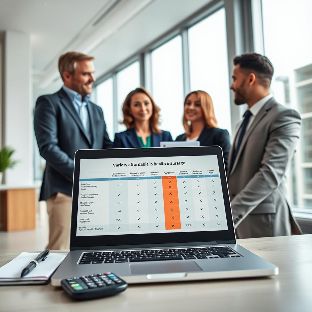 A vibrant, informative scene depicting a variety of affordable health insurance plans. In the foreground, an open laptop displaying a comparison chart of different health plans, accompanied by a notepad and calculator. In the middle, a diverse group of three professionals—two men and one woman—are engaged in a discussion about health coverage, all attired in professional business attire. The background features a bright, modern office setting with large windows allowing natural light to illuminate the space. The overall atmosphere is collaborative and optimistic, conveying the message of accessibility and support in finding affordable health coverage. The angle is slightly tilted down to provide a glimpse of the details on the laptop while still capturing the interaction among the individuals.