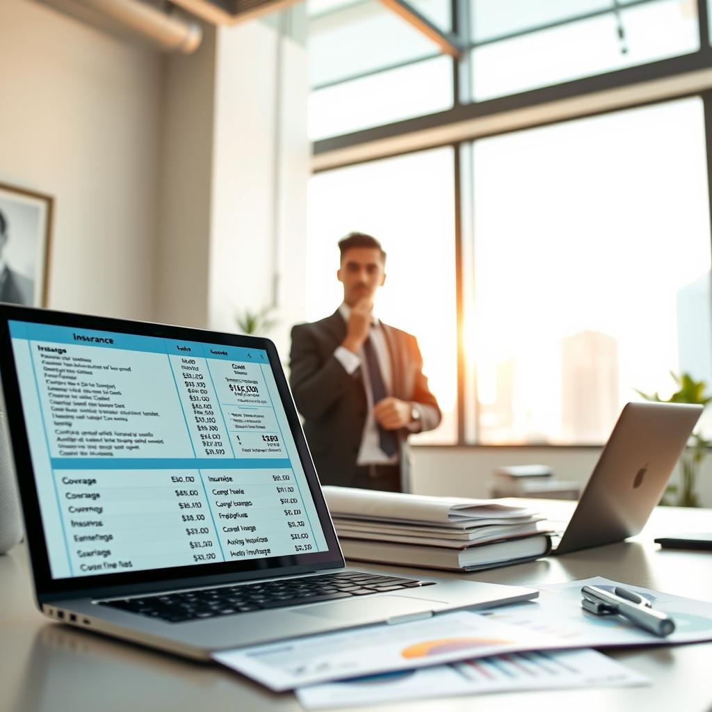 A visually appealing depiction of car insurance comparison, showcasing a stylish, modern office environment. In the foreground, a laptop displays side-by-side quotes from different insurance companies, with highlighted coverage details. Beside it, documents with graphs and charts emphasize cost-effectiveness. In the middle ground, a young professional in smart business attire is thoughtfully analyzing the quotes, exuding an air of determination and clarity. The background features a large window with bright natural light pouring in, illuminating a cityscape outside, symbolizing accessibility to affordable options. Soft, neutral color tones create a calming atmosphere, with a touch of modernity, ideal for conveying the importance of making informed financial decisions regarding car insurance.