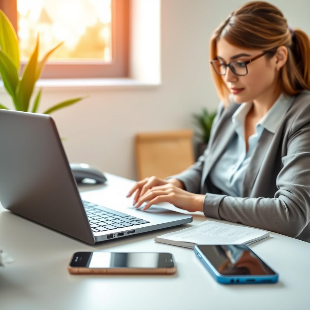 A visually appealing desk scene focused on the theme of young driver car insurance quotes. In the foreground, a young adult woman, dressed in smart casual attire, is reviewing a laptop displaying car insurance comparison quotes. She looks focused yet approachable, conveying a sense of empowerment and thoughtful decision-making. In the middle ground, a smartphone lies next to the laptop, showcasing a few highlighted quotes on the screen. The background includes a soft, blurred image of a modern office environment with a potted plant and a window letting in warm, natural light. The atmosphere is bright and encouraging, suggesting a sense of clarity and understanding about car insurance options for young drivers. The composition is well-lit and balanced, emphasizing the importance of informed choices.