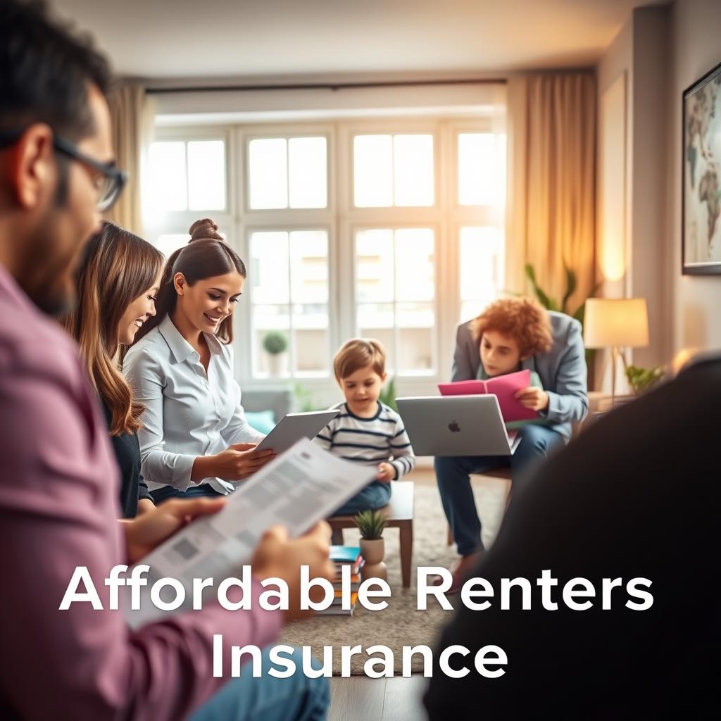 A visually appealing image depicting the concept of affordable renters insurance. In the foreground, a diverse group of individuals—two adults in professional attire and a child—are engaged in a friendly discussion while reviewing insurance documents. In the middle ground, a cozy and well-furnished apartment setting features a neatly organized living room, showcasing personal belongings like a laptop, books, and decorative plants, symbolizing the security covered by renters insurance. In the background, large windows let in warm, natural light, creating a welcoming atmosphere. The overall mood is reassuring and optimistic, emphasizing the key benefits of protection and peace of mind that renters insurance provides. The scene is framed with a slight depth of field to draw attention to the subjects while maintaining a soft focus on the background.