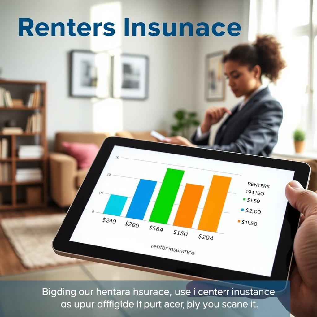 A visually appealing infographic-style image illustrating a comparison of renters insurance pricing. In the foreground, display a sleek tablet showing a graph with bars representing different insurance costs, highlighted in vibrant colors like blue, green, and orange. The middle ground features a charming living room setup—soft lighting illuminating a welcoming couch and bookshelf. On one side, place a professional-looking person in business attire, analyzing the tablet with a thoughtful expression. The background includes a window with gentle sunlight filtering in, adding a warm and inviting atmosphere. Use a balanced composition with a slight perspective angle, enhancing depth. The overall mood is informative and engaging, ideal for guiding readers through the steps to purchase renters insurance.