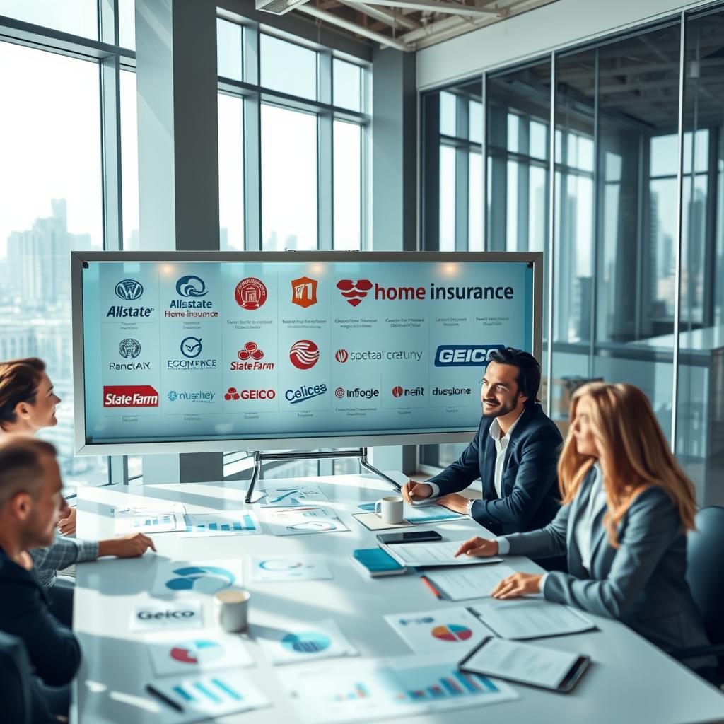 A visually appealing, modern office environment illustrating the concept of top-rated home insurance providers in the United States. In the foreground, a diverse group of professionals, dressed in smart business attire, discuss around a conference table filled with charts and documents related to home insurance. In the middle ground, a large display board showcases logos of various reputable insurance companies, like Allstate, State Farm, and Geico, framed in a sleek glass setting. In the background, large windows reveal a city skyline, suggesting a focused yet welcoming atmosphere. Bright, natural lighting floods the room, illuminating the faces of the engaged professionals, creating a sense of trust and collaboration. The overall mood is one of professionalism, reliability, and optimism. A visually appealing, modern office environment illustrating the concept of top-rated home insurance providers in the United States. In the foreground, a diverse group of professionals, dressed in smart business attire, discuss around a conference table filled with charts and documents related to home insurance. In the middle ground, a large display board showcases logos of various reputable insurance companies, like Allstate, State Farm, and Geico, framed in a sleek glass setting. In the background, large windows reveal a city skyline, suggesting a focused yet welcoming atmosphere. Bright, natural lighting floods the room, illuminating the faces of the engaged professionals, creating a sense of trust and collaboration. The overall mood is one of professionalism, reliability, and optimism.
