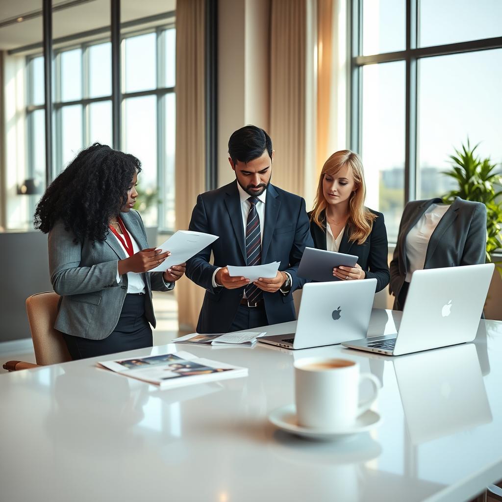 A visually appealing office environment showcasing professionalism and trustworthiness. In the foreground, a diverse group of three business professionals (one Black woman, one Hispanic man, one Caucasian woman) in smart business attire, engaging in discussion, examining documents. In the middle ground, a sleek conference table with a laptop, brochures, and a cup of coffee, symbolizing the examination of life insurance policies. The background features an elegant office space with large windows allowing soft, natural light to flood the room, casting gentle shadows. The atmosphere is focused and collaborative, emphasizing the reliability and reputation associated with leading life insurance companies. The composition should be captured from a slightly elevated angle to showcase the dynamics of the meeting. A visually appealing office environment showcasing professionalism and trustworthiness. In the foreground, a diverse group of three business professionals (one Black woman, one Hispanic man, one Caucasian woman) in smart business attire, engaging in discussion, examining documents. In the middle ground, a sleek conference table with a laptop, brochures, and a cup of coffee, symbolizing the examination of life insurance policies. The background features an elegant office space with large windows allowing soft, natural light to flood the room, casting gentle shadows. The atmosphere is focused and collaborative, emphasizing the reliability and reputation associated with leading life insurance companies. The composition should be captured from a slightly elevated angle to showcase the dynamics of the meeting.
