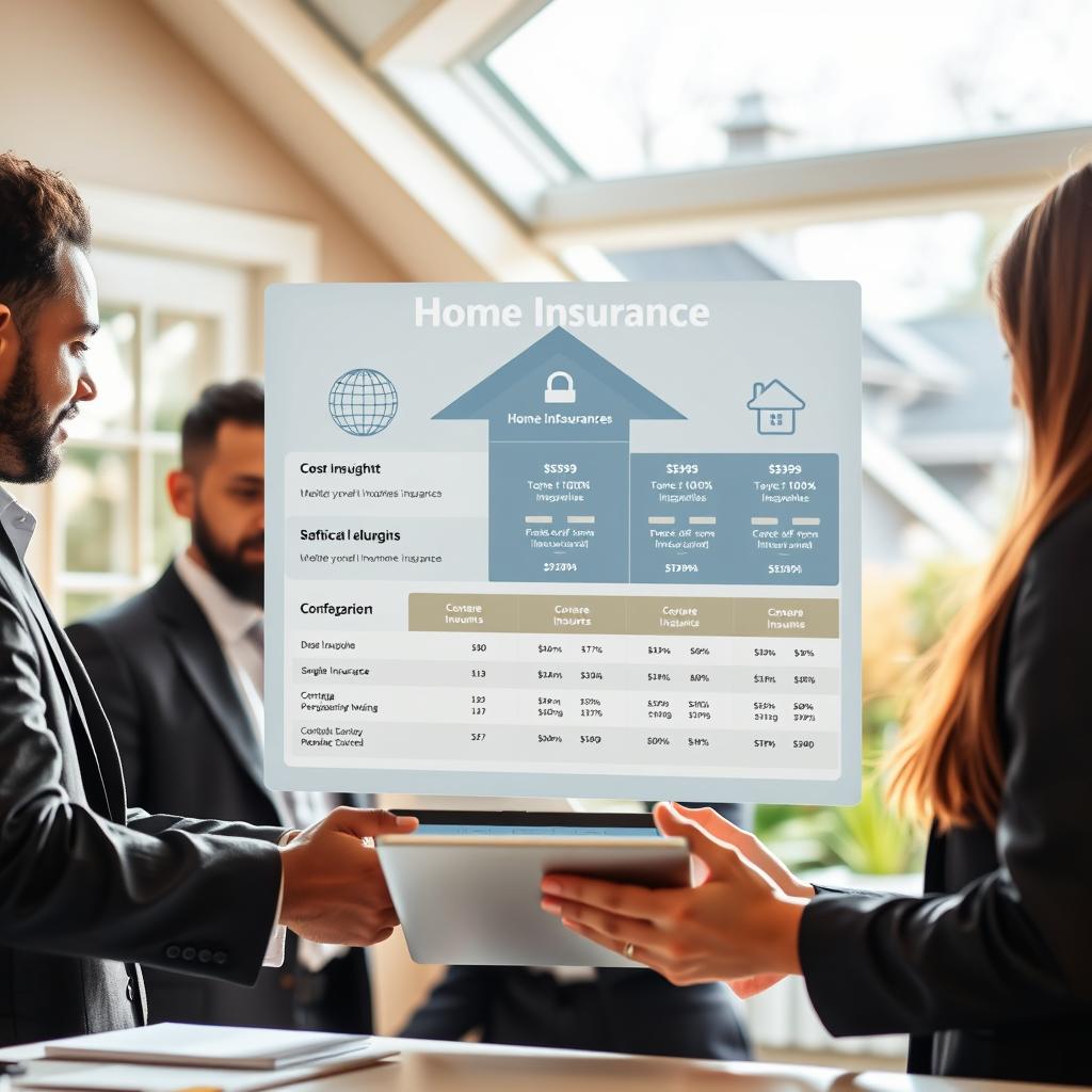 A visually appealing scene depicting a home insurance quotes comparison. In the foreground, a diverse group of three professionals in business attire are gathered around a digital tablet, intently reviewing various insurance quotes. In the middle ground, a large, sleek infographic displays comparative data on home insurance policies, highlighting key features like coverage amounts and premiums. The background includes a cozy, modern home and a neighborhood setting, suggesting a safe and welcoming community. Bright, natural lighting pours in from a nearby window, enhancing the informative, yet relaxed atmosphere. The composition captures the feeling of collaboration and informed decision-making, inviting viewers to explore their options for home insurance. A visually appealing scene depicting a home insurance quotes comparison. In the foreground, a diverse group of three professionals in business attire are gathered around a digital tablet, intently reviewing various insurance quotes. In the middle ground, a large, sleek infographic displays comparative data on home insurance policies, highlighting key features like coverage amounts and premiums. The background includes a cozy, modern home and a neighborhood setting, suggesting a safe and welcoming community. Bright, natural lighting pours in from a nearby window, enhancing the informative, yet relaxed atmosphere. The composition captures the feeling of collaboration and informed decision-making, inviting viewers to explore their options for home insurance.