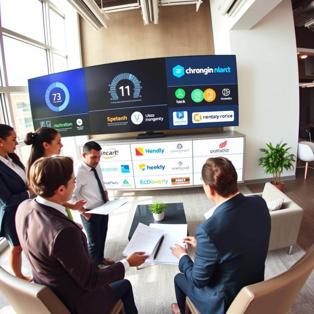 A visually appealing scene showcasing the top renters insurance providers in the U.S. In the foreground, a diverse group of three professionals, dressed in smart business attire, are discussing documents and digital displays, representing various insurance companies. The middle layer includes a modern office setting with sleek furniture, large monitors displaying infographics and logos of well-known insurance brands, creating a sense of professionalism and trust. The background features a bright, welcoming office environment with large windows allowing natural light to flood the room, casting soft shadows. Use a wide-angle lens perspective for a dynamic composition, and evoke a mood of collaboration and assurance, emphasizing the importance of securing renters insurance. No text or overlays present in the image. A visually appealing scene showcasing the top renters insurance providers in the U.S. In the foreground, a diverse group of three professionals, dressed in smart business attire, are discussing documents and digital displays, representing various insurance companies. The middle layer includes a modern office setting with sleek furniture, large monitors displaying infographics and logos of well-known insurance brands, creating a sense of professionalism and trust. The background features a bright, welcoming office environment with large windows allowing natural light to flood the room, casting soft shadows. Use a wide-angle lens perspective for a dynamic composition, and evoke a mood of collaboration and assurance, emphasizing the importance of securing renters insurance. No text or overlays present in the image.