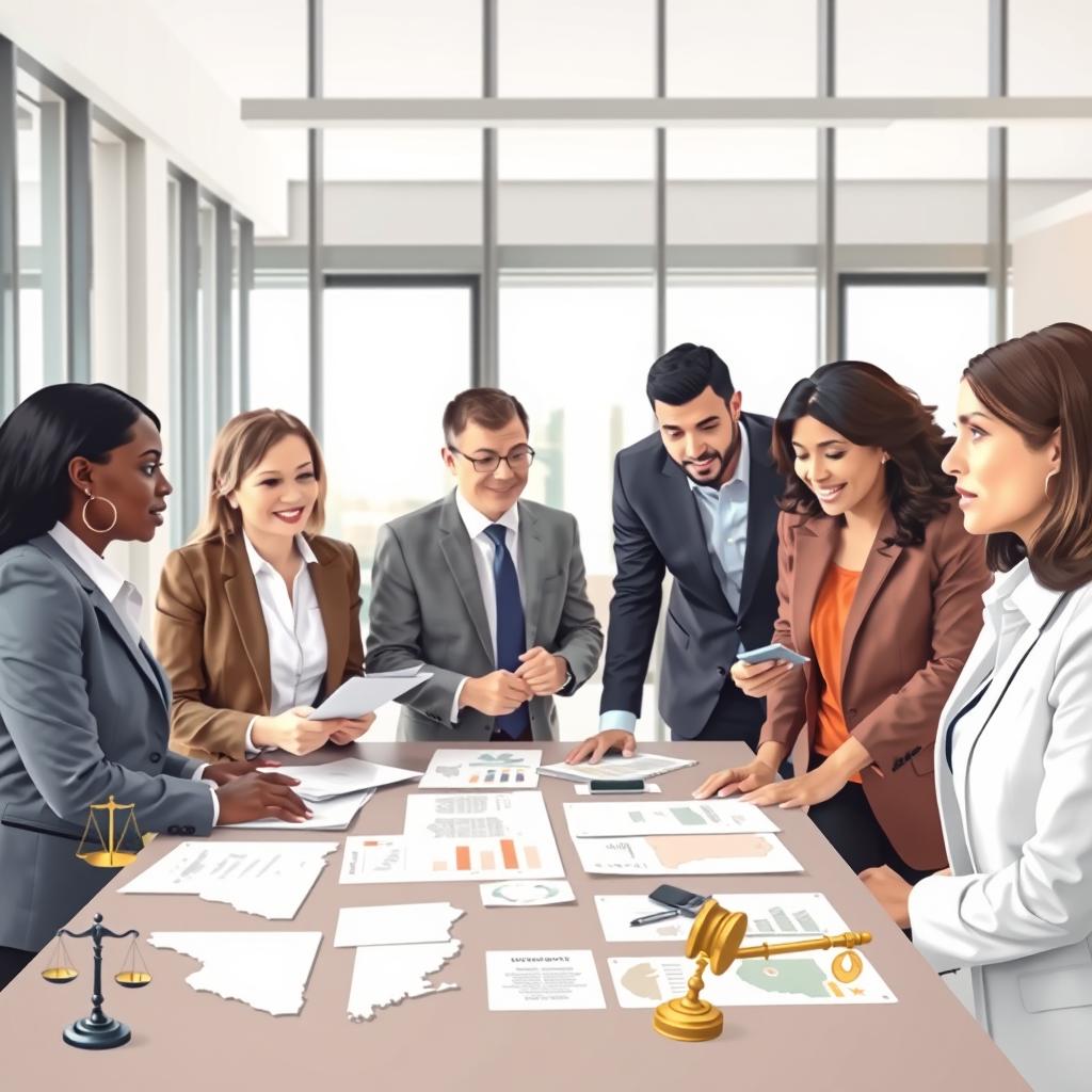 A visually compelling illustration representing state-specific life insurance regulations. In the foreground, a diverse group of professionals in business attire, including a Black woman, a Hispanic man, and a Caucasian woman, are engaged in a discussion around a large table filled with documents, charts, and state maps. The middle ground features detailed visuals of various state maps and icons symbolizing regulations, such as scales of justice or legal gavel illustrations. In the background, a modern office setting with floor-to-ceiling windows allowing natural light to stream in, creating a bright and professional atmosphere. The overall mood conveys collaboration, focus, and expertise, emphasizing the importance of understanding local regulations in obtaining the best life insurance rates. Use soft yet clear lighting to highlight the details and expressions of the professionals engaged in discussion.