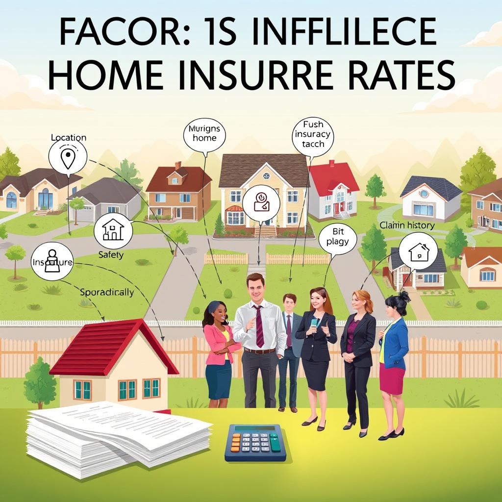 A visually engaging and informative illustration depicting various factors influencing home insurance rates. In the foreground, include key elements like a house, a stack of paperwork, and a calculator to symbolize the paperwork involved. In the middle ground, show a diverse group of individuals in professional attire discussing insurance, each pointing to different icons representing factors such as location, home age, safety features, and claim history. In the background, depict a suburban neighborhood, showcasing various types of homes, with clear skies and soft, warm lighting to create an inviting atmosphere. Use a wide-angle lens to capture the scene, ensuring all elements are balanced and clear, conveying a sense of professionalism and trustworthiness.