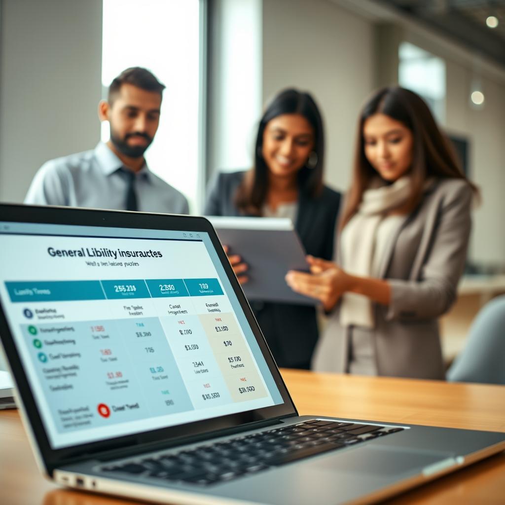 A visually engaging comparison chart illustrating general liability insurance quotes, featuring distinct sections for different providers. In the foreground, display a professional-looking laptop open to a website with side-by-side quotes, clear graphs, and icons representing various insurance companies. In the middle, position a diverse group of three business professionals in modest attire, discussing insurance options, with focus on a tablet showing detailed comparisons. The background should include an office setting with soft lighting, natural light filtering through a window, enhancing a collaborative and informative atmosphere. Use a shallow depth of field to keep the focus on the individuals and their discussion, while the chart remains clearly visible but slightly blurred. The overall mood should be professional and supportive, encouraging viewers to seek the best insurance rates. A visually engaging comparison chart illustrating general liability insurance quotes, featuring distinct sections for different providers. In the foreground, display a professional-looking laptop open to a website with side-by-side quotes, clear graphs, and icons representing various insurance companies. In the middle, position a diverse group of three business professionals in modest attire, discussing insurance options, with focus on a tablet showing detailed comparisons. The background should include an office setting with soft lighting, natural light filtering through a window, enhancing a collaborative and informative atmosphere. Use a shallow depth of field to keep the focus on the individuals and their discussion, while the chart remains clearly visible but slightly blurred. The overall mood should be professional and supportive, encouraging viewers to seek the best insurance rates.