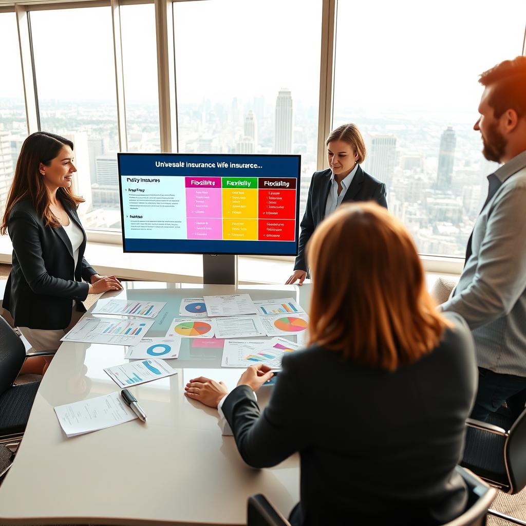 A visually engaging comparison of universal life insurance versus other insurance policies. In the foreground, a diverse group of three professionals—two women and one man—dressed in smart business attire, are gathered around a sleek, modern table filled with financial documents and charts. The middle layer features a large digital screen displaying colorful comparisons of policy features, such as flexibility and cost. In the background, a well-lit office environment showcases a panoramic view of a city skyline through large windows, casting natural light across the scene. The atmosphere is focused and collaborative, reflecting a dynamic discussion about life insurance decisions. The lighting is bright yet warm, creating an inviting and professional mood. The image should be free from text or markings, focusing solely on the interaction and visual elements.