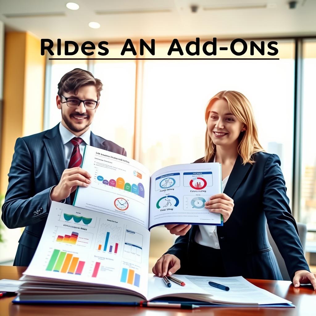 A visually engaging concept illustrating life insurance riders and add-ons. In the foreground, a confident professional couple in smart business attire is discussing documents related to insurance plans, with a focus on colored charts and graphs that represent various riders. The middle layer features a large, open workbook displaying detailed diagrams and icons symbolizing different add-ons like disability coverage and critical illness riders, surrounded by pens and calculators. In the background, a warm, modern office setting with a large window showcasing a bright, optimistic cityscape creates an atmosphere of security and future planning. The lighting is bright and inviting, creating a positive and hopeful mood. The scene conveys professionalism and ensures a strong visual connection to life insurance concepts.