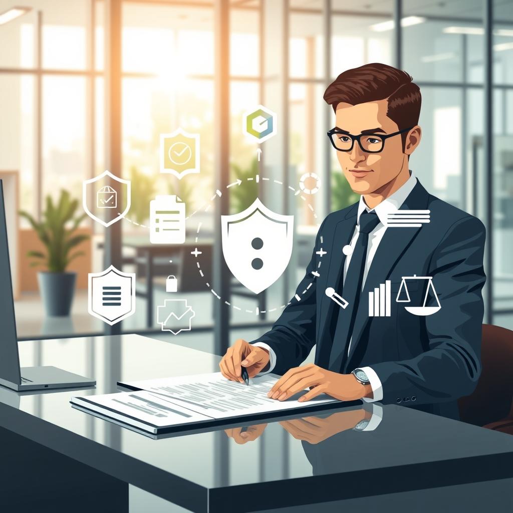 A visually engaging illustration depicting the concept of business liability insurance coverage. In the foreground, a confident business professional, dressed in sharp business attire, reviews documents on a sleek desk, symbolizing due diligence and responsibility. In the middle ground, emphasize icons representing various aspects of liability insurance, like shields, checklists, and a scale, surrounded by subtle financial charts and graphs to suggest protection and growth. The background features a modern office environment with glass walls, soft natural sunlight streaming in, creating a warm and secure atmosphere. The overall mood is professional, reassuring, and focused, capturing the essence of safeguarding a company through insurance coverage.