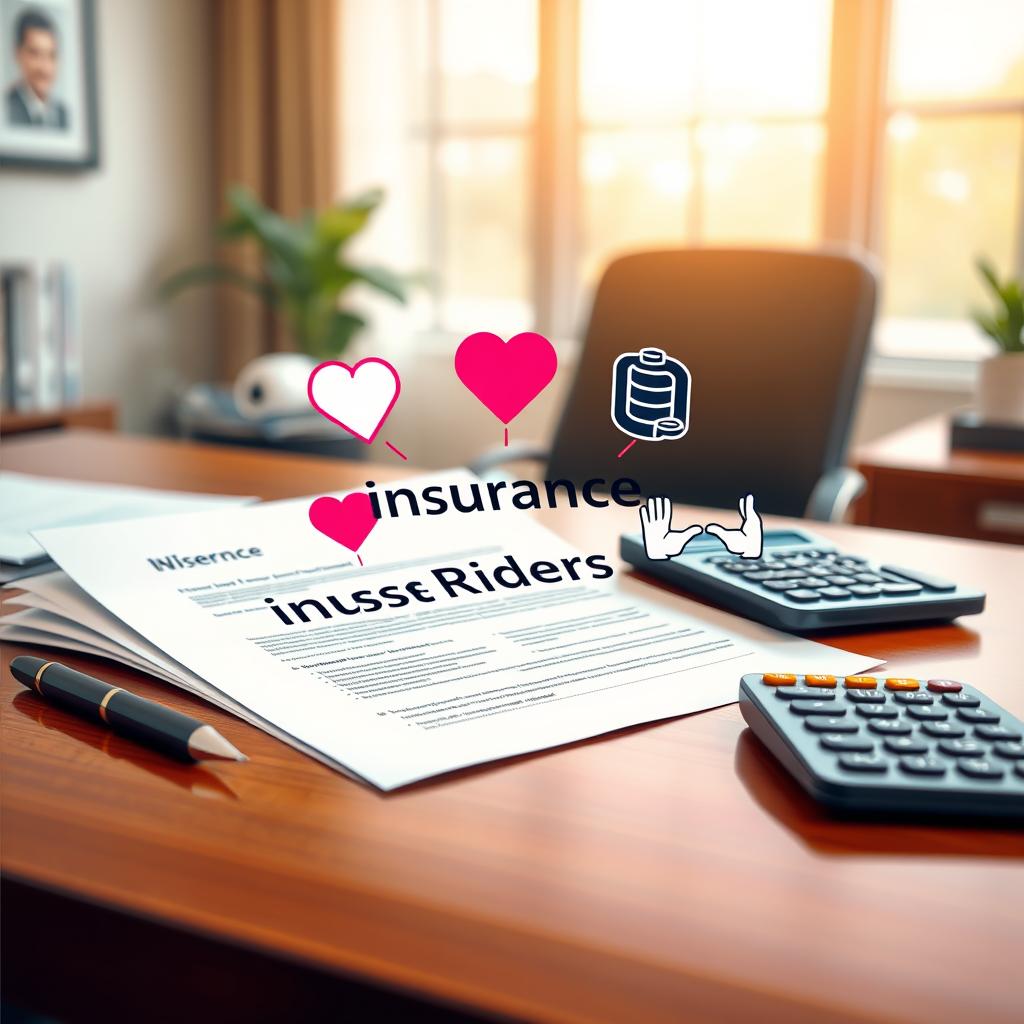 A visually engaging illustration depicting the concept of universal life insurance riders. In the foreground, a professional looking document titled ‘Insurance Riders’ is partially unrolled on a polished wooden desk, accompanied by a sleek black pen and a calculator. In the middle layer, vividly colored icons symbolizing various riders, such as a heart for critical illness, a shield for accidental death, and hands shaking for waiver of premium, are artistically arranged around the document. The background features a softly blurred office setting with a large window letting in warm, natural light, creating a calm, reassuring atmosphere. The composition conveys a sense of professionalism and importance, while the lighting highlights the details of the items on the desk.