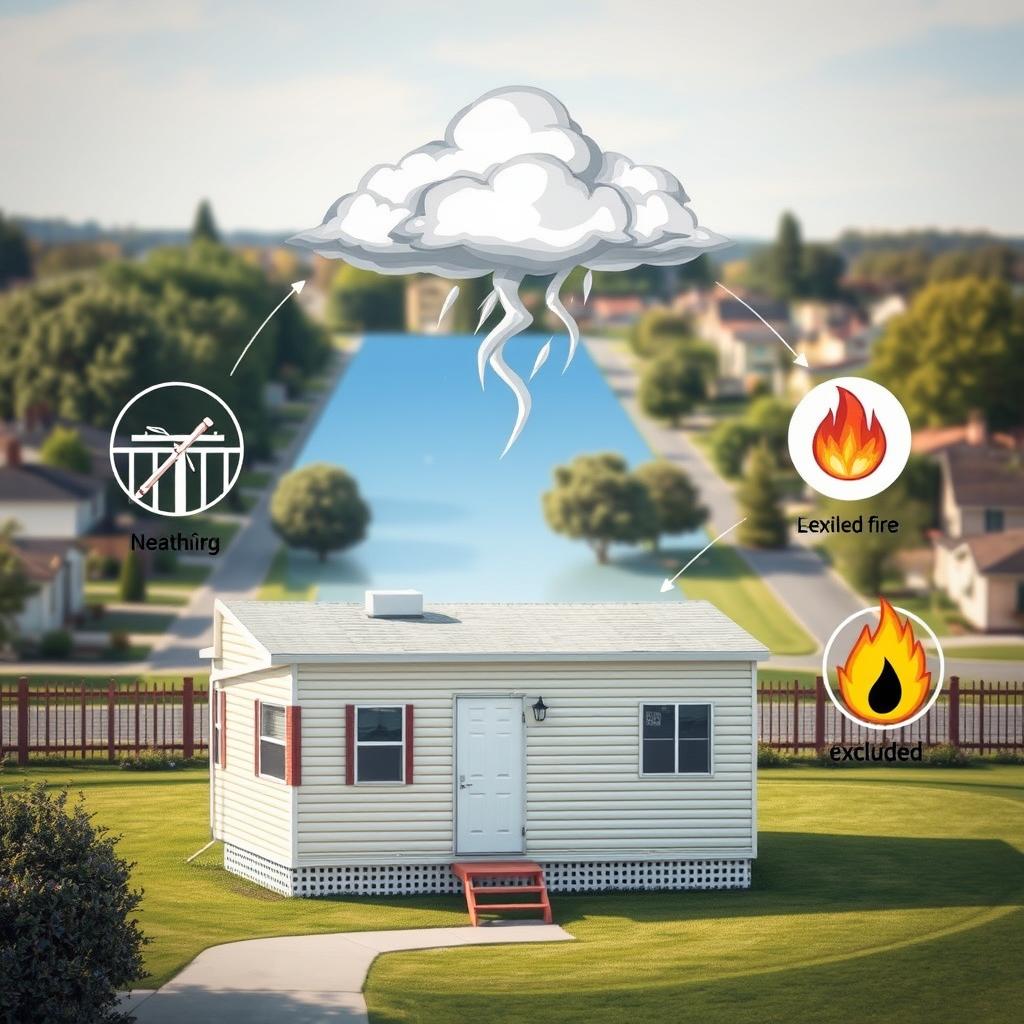 A visually engaging illustration focused on mobile home insurance exclusions. In the foreground, depict a detailed mobile home surrounded by symbolic visuals of common exclusions: a storm cloud representing weather damage, a broken fence for lack of liability, and a fire symbol for excluded hazards. In the middle ground, illustrate a clear blue sky contrasting with the storm cloud to convey uncertainty. The background should consist of a serene neighborhood with trees and distant houses, adding depth and context. Use soft, natural lighting to create a mixed atmosphere of potential risk and everyday life. Capture the scene from a slightly elevated angle to show the relationship between the mobile home and its surroundings, evoking a sense of awareness about insurance coverage.