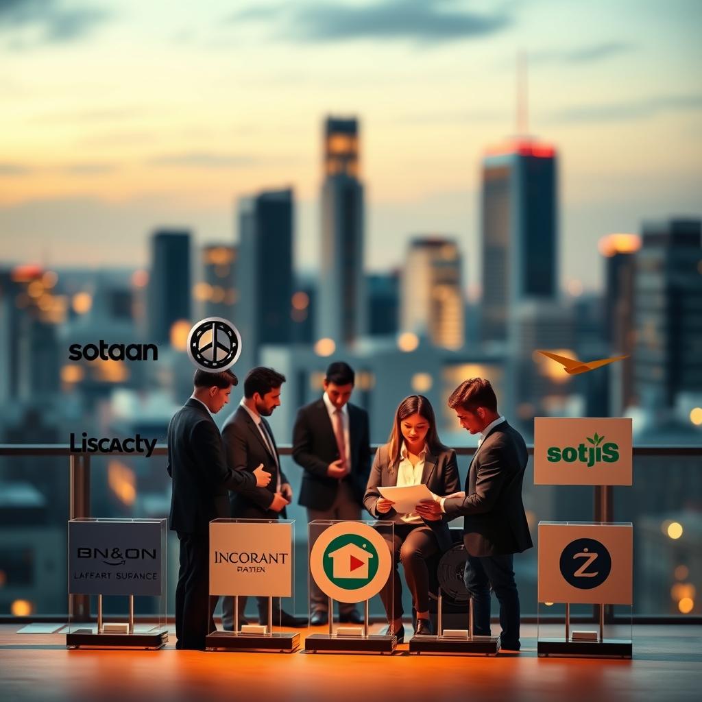 A visually engaging illustration of the top renters insurance companies in the U.S. In the foreground, display several modern, sleek company logos arranged artistically, each representing a recognized provider. The middle layer features a diverse group of professional individuals, dressed in business attire, engaged in a discussion or reviewing documents about renters insurance. In the background, create a subtle city skyline at dusk, with warm, inviting lighting reflecting off the buildings. Use a slightly blurred focus on the background to emphasize the foreground elements. The overall mood is informative and professional, evoking trust and reliability in the insurance industry. The image should be well-lit, with a warm color palette to convey a sense of security and comfort.