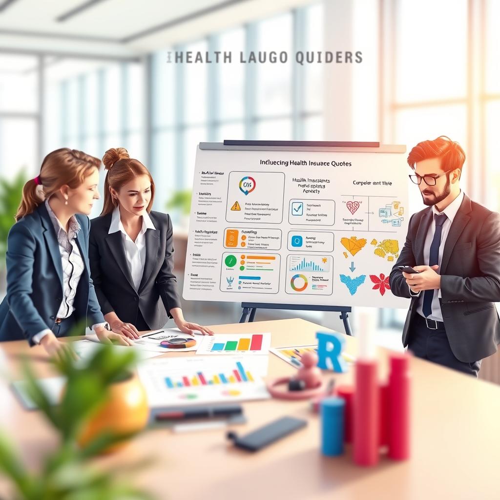 A visually engaging illustration showcasing various factors influencing health insurance quotes. In the foreground, depict a diverse group of professionals, including a middle-aged woman in business attire and a young man in smart casual clothing, analyzing colorful charts and graphs on a table. In the middle ground, use a whiteboard or flip chart displaying key factors like age, health history, location, and lifestyle in vibrant icons. The background should feature a modern office space with soft, natural lighting filtering through large windows, creating a bright and inviting atmosphere. Use a slight focus blur on the background to maintain visual interest on the professionals and charts in the foreground, evoking a sense of collaboration and analysis.