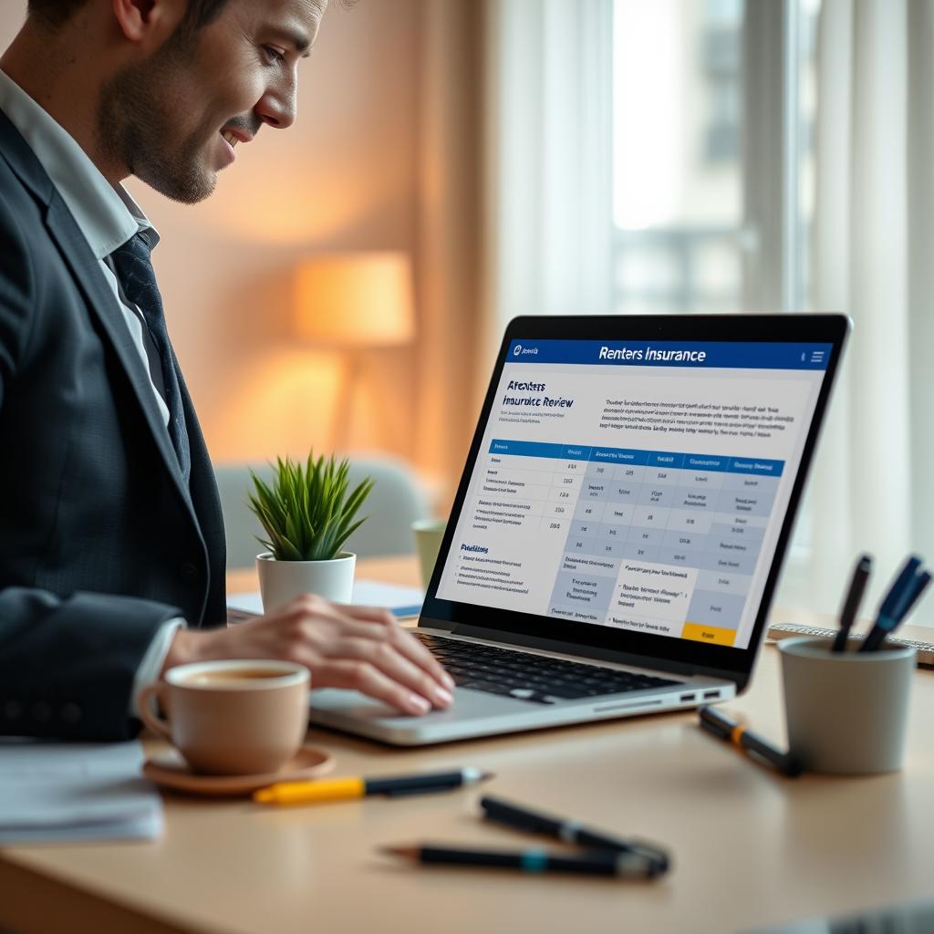 A visually engaging image of a digital workspace featuring a laptop displaying a detailed renters insurance review webpage, with charts and comparison tables. In the foreground, have a professional individual in business attire intently reading and taking notes. The middle layer depicts a cozy desk setup, including a potted plant, a cup of coffee, and pens scattered around. The background should show a well-lit room with soft, natural light coming through a window, creating a warm and inviting atmosphere. The scene conveys a sense of diligence and the importance of understanding policy reviews, evoking a mood of focus and professionalism.