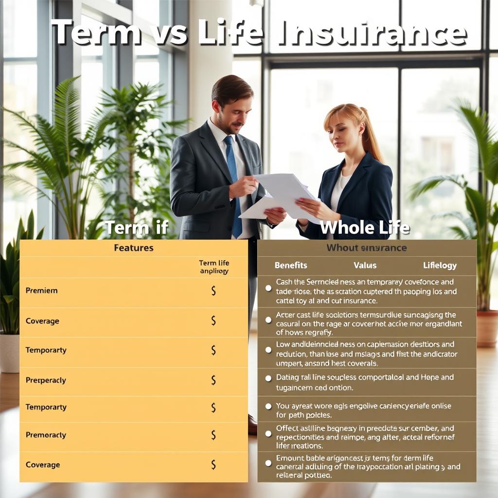 A visually engaging infographic depicting a comparison of term and whole life insurance. In the foreground, two contrasting tables side by side: one highlighting key features of term life insurance, such as lower premiums and temporary coverage; the other showcasing whole life insurance benefits, like cash value accumulation and lifelong protection. In the middle, two professional individuals (a man and a woman) in business attire, thoughtfully analyzing the tables with documents and charts in hand. The background features a modern office setting with large windows, soft natural light streaming in, and plants for a fresh atmosphere. Utilize a clean and organized layout, ensuring clarity and an informative feel, with warm color tones to evoke trust and professionalism. A visually engaging infographic depicting a comparison of term and whole life insurance. In the foreground, two contrasting tables side by side: one highlighting key features of term life insurance, such as lower premiums and temporary coverage; the other showcasing whole life insurance benefits, like cash value accumulation and lifelong protection. In the middle, two professional individuals (a man and a woman) in business attire, thoughtfully analyzing the tables with documents and charts in hand. The background features a modern office setting with large windows, soft natural light streaming in, and plants for a fresh atmosphere. Utilize a clean and organized layout, ensuring clarity and an informative feel, with warm color tones to evoke trust and professionalism.