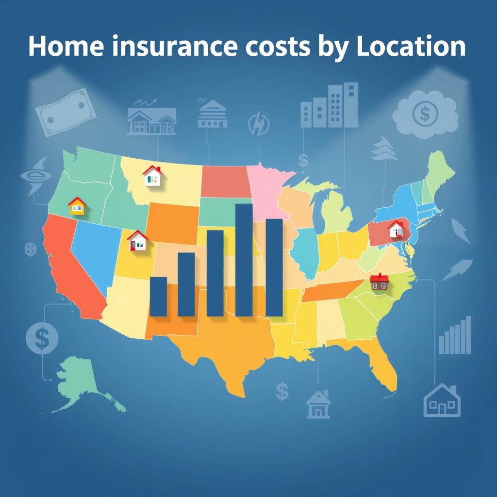 A visually engaging infographic depicting "home insurance costs by location." In the foreground, a colorful map of the United States segmented into different regions, each uniquely shaded to represent varying insurance costs. Icons of homes with diverse architectural styles are scattered across the map, representing different states. The middle ground features a bar graph overlay, effortlessly integrated, illustrating average costs per region. In the background, abstract representations of factors influencing costs, such as climate icons (hurricane, flood, earthquake) and economic symbols (currency, graphs), subtly blend into the map. The lighting is bright and inviting, enhancing clarity, with a slight angle from above to provide depth. The overall atmosphere is informative and professional, suitable for a serious yet approachable article.