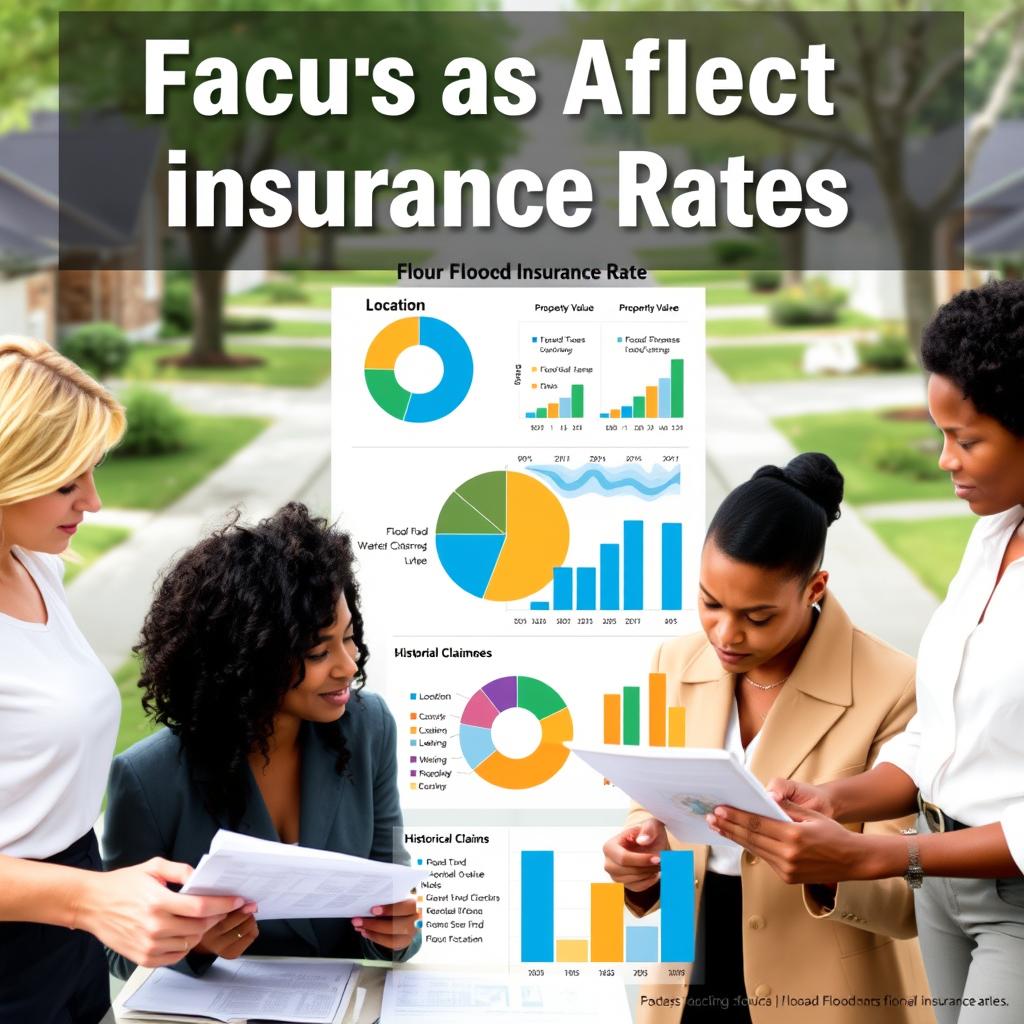 A visually engaging infographic depicting the factors affecting flood insurance rates. In the foreground, a diverse group of professional individuals in business attire, including a white woman, a Black man, and a Hispanic woman, analyze documents and charts related to flood risk assessments. The middle layer features a detailed pie chart and bar graph illustrating key factors such as location, property value, flood zone classification, and historical claims data. The background shows a serene residential neighborhood with visible flood zone markers and low-lying areas, creating a contrast between the environment and insurance considerations. Soft, natural lighting enhances the clarity of the charts and the professionalism of the individuals. The atmosphere is informative and serious, aimed at educating viewers on flood insurance nuances.