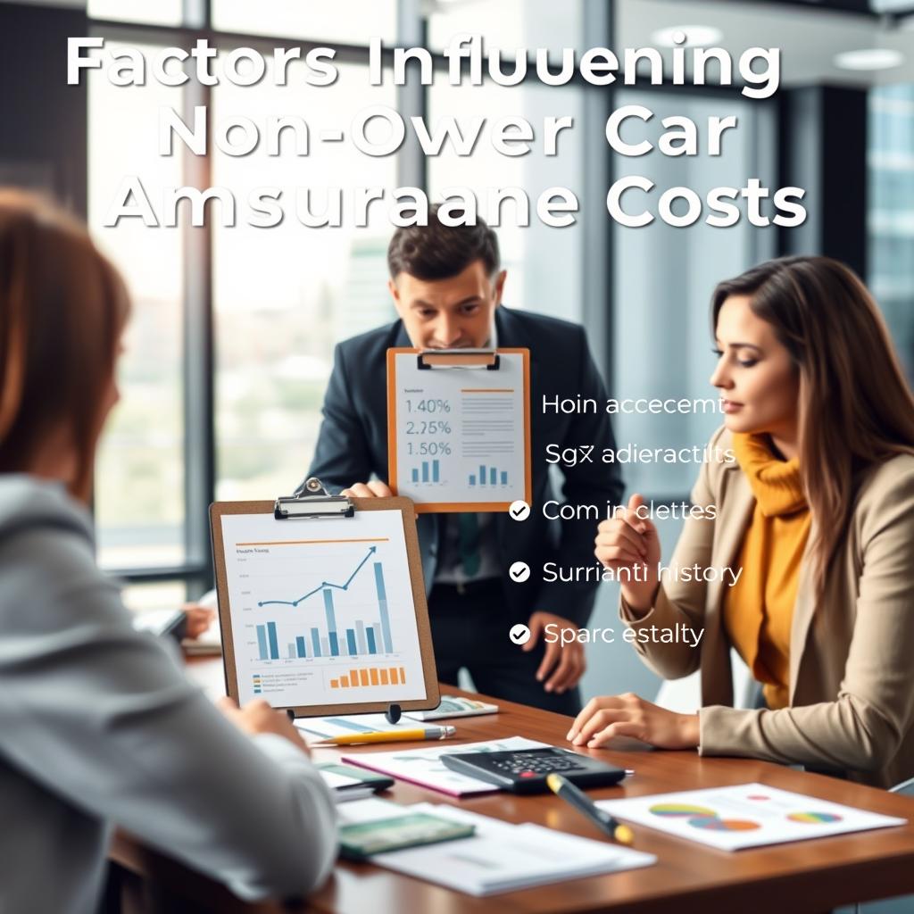 A visually engaging infographic illustrating "Factors Influencing Non-Owner Car Insurance Costs." In the foreground, depict a diverse group of three professional individuals in business attire, discussing insurance metrics around a table filled with charts and graphs. In the middle layer, show key financial elements like a calculator, money, and a clipboard with bullet points highlighting factors such as age, driving history, and location. The background should feature a sleek, modern office environment with large windows letting in soft, natural light. Use a slight depth of field to focus on the foreground while keeping the background slightly blurred, creating an informative and professional atmosphere. The overall mood should convey clarity and professionalism, emphasizing the analytical nature of insurance costs without any text overlays.