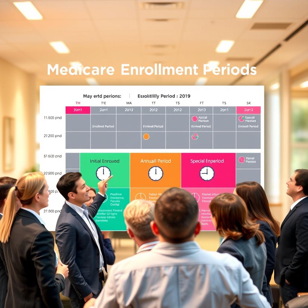 A visually engaging infographic illustrating "Medicare Enrollment Periods." In the foreground, a diverse group of professional individuals in business attire discussing and pointing at a large calendar that highlights key enrollment dates with vibrant colors. In the middle ground, there are distinct sections for Initial Enrollment Period, Annual Enrollment Period, and Special Enrollment Period, depicted with labeled icons and relevant imagery, such as clocks, checkmarks, and medical symbols. The background features a soft-focus office environment with warm lighting, creating a welcoming and informative atmosphere. The lens should capture a slightly elevated angle to encompass all elements, enhancing the feeling of a collaborative workspace while ensuring clarity and legibility of the depicted information. A visually engaging infographic illustrating "Medicare Enrollment Periods." In the foreground, a diverse group of professional individuals in business attire discussing and pointing at a large calendar that highlights key enrollment dates with vibrant colors. In the middle ground, there are distinct sections for Initial Enrollment Period, Annual Enrollment Period, and Special Enrollment Period, depicted with labeled icons and relevant imagery, such as clocks, checkmarks, and medical symbols. The background features a soft-focus office environment with warm lighting, creating a welcoming and informative atmosphere. The lens should capture a slightly elevated angle to encompass all elements, enhancing the feeling of a collaborative workspace while ensuring clarity and legibility of the depicted information.