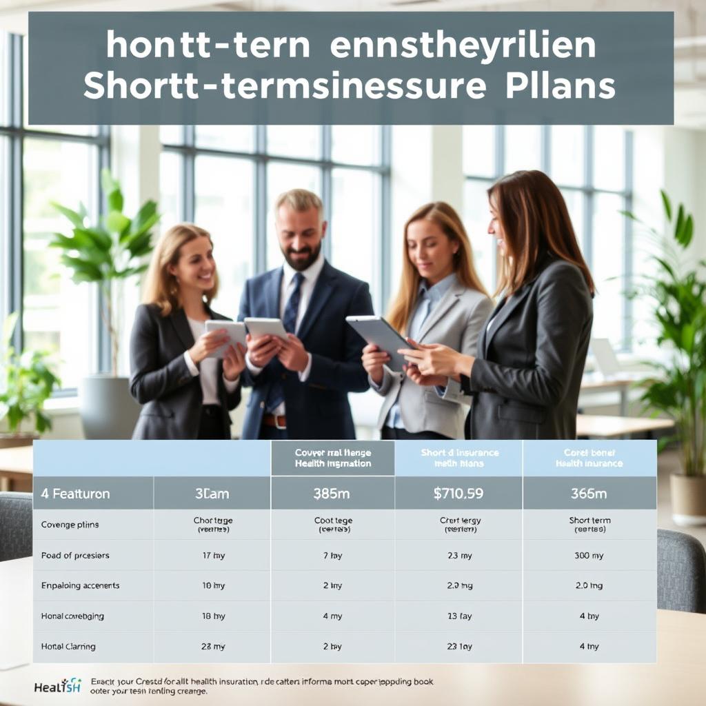 A visually engaging infographic illustrating a comparison of short-term health insurance plans. In the foreground, there are sleek, labeled charts or graphs showcasing various plans with key features highlighted, such as coverage options and pricing, designed in a modern aesthetic. In the middle layer, professional individuals in modest business attire are engaged in discussions, analyzing the comparisons on digital tablets or laptops, conveying a sense of collaboration. The background features a bright, well-lit office environment with large windows and greenery, creating an optimistic and focused atmosphere. Soft lighting enhances clarity and highlights the details of the charts, while a slight depth of field blurs the background, bringing attention to the comparison data. The overall mood is informative and supportive, encouraging readers to make informed decisions regarding their health coverage options.