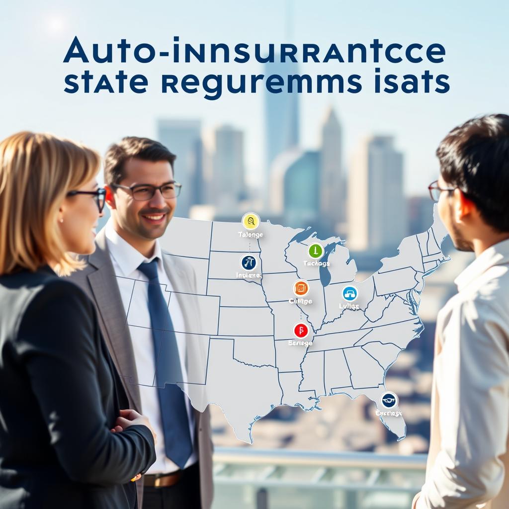 A visually engaging infographic illustrating auto insurance state requirements in the USA. In the foreground, a diverse group of three professionals in business attire, including a woman with medium-length hair and a man with glasses, are discussing state requirements over a large map of the United States filled with state outlines. In the middle layer, various state icons representing unique insurance regulations, such as minimum coverage amounts and symbols for different insurance types, hover beside each state. The background shows a soft-focus cityscape under bright daylight, symbolizing the bustling nature of auto insurance. The scene is illuminated with gentle sunlight, creating a warm and informative atmosphere, inviting viewers to learn more about auto insurance regulations across different states.