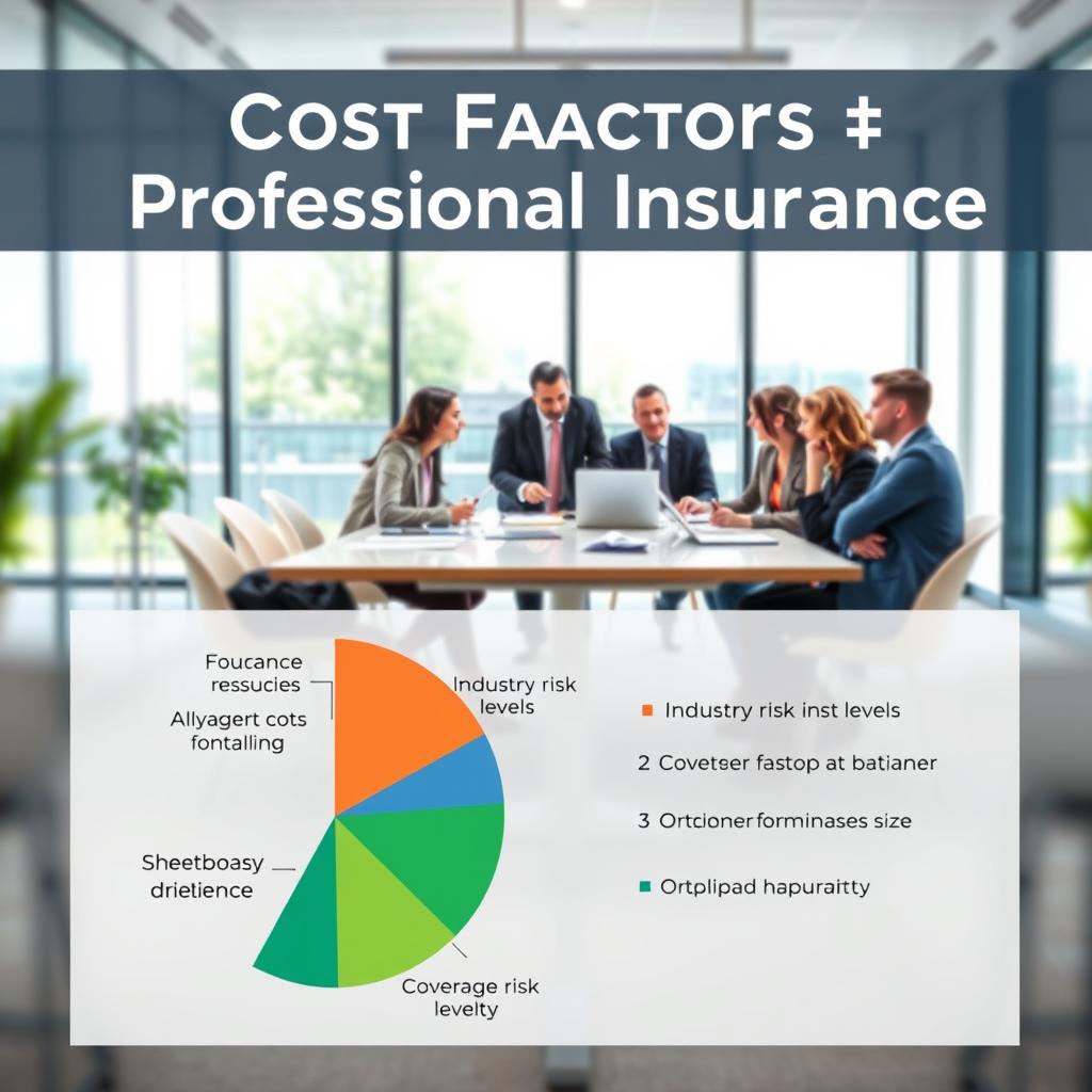 A visually engaging infographic illustrating the cost factors of professional liability insurance. In the foreground, include a detailed pie chart divided into segments representing various cost factors like claims history, industry risk levels, coverage limits, and business size. In the middle, depict a professional setting featuring a diverse group of business professionals in smart attire, discussing insurance policies around a conference table, with laptops and documents spread out. The background should showcase a modern office with large windows allowing natural light to flood the room, creating a bright and optimistic atmosphere. Use a balanced composition with a shallow depth of field to focus on the discussion while softly blurring the background, enhancing the mood of collaboration and professionalism. A visually engaging infographic illustrating the cost factors of professional liability insurance. In the foreground, include a detailed pie chart divided into segments representing various cost factors like claims history, industry risk levels, coverage limits, and business size. In the middle, depict a professional setting featuring a diverse group of business professionals in smart attire, discussing insurance policies around a conference table, with laptops and documents spread out. The background should showcase a modern office with large windows allowing natural light to flood the room, creating a bright and optimistic atmosphere. Use a balanced composition with a shallow depth of field to focus on the discussion while softly blurring the background, enhancing the mood of collaboration and professionalism.