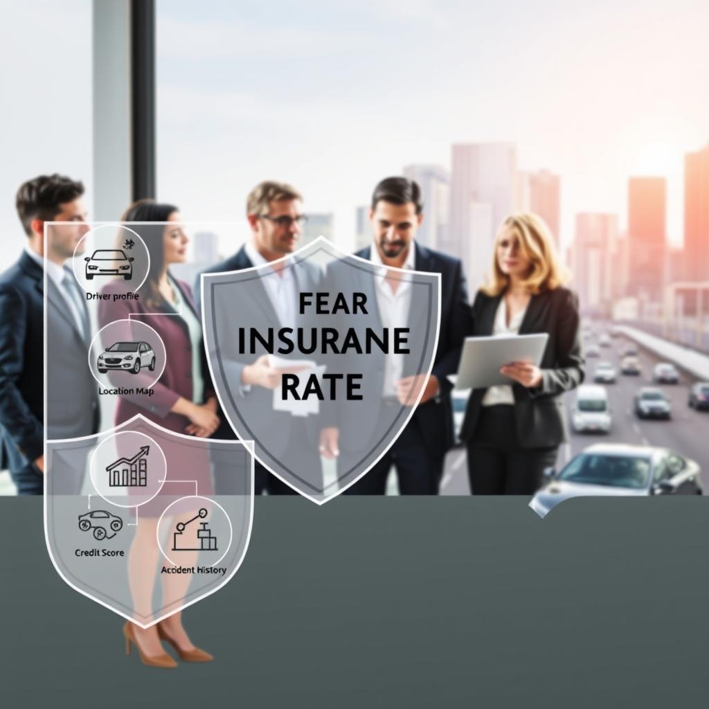 A visually engaging infographic showcasing factors influencing car insurance rates. In the foreground, include a transparent shield with icons representing various factors such as a car, driver profile, location map, credit score, and accident history. In the middle, depict a diverse group of professionals dressed in business attire discussing these factors, with papers and a laptop open in front of them, emphasizing research and analysis. In the background, illustrate a modern city skyline with different types of vehicles on the road, symbolizing varying insurance rates. Use soft, natural lighting to create a professional atmosphere, capturing a sense of informed decision-making and financial awareness from a slightly elevated angle to highlight both the people and the infographics clearly.