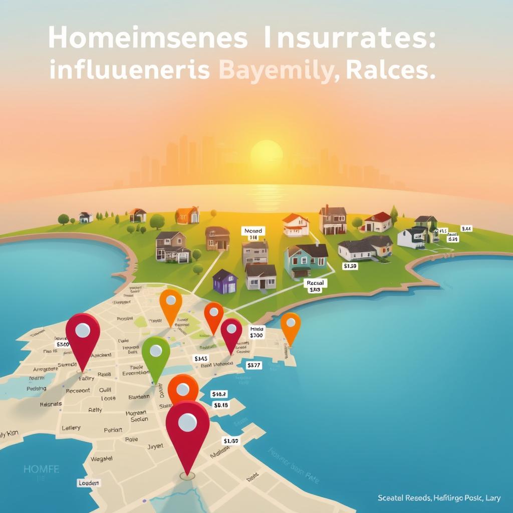 A visually engaging infographic-style illustration showcasing homeowners insurance rates influenced by location. In the foreground, a detailed map of a fictional coastal town, with colorful markers indicating varying insurance rates for different neighborhoods. The middle ground features symbolized houses in various styles, emphasizing diversity in property types, with subtle price tags attached to each. The background includes a serene skyline with a sunset, casting warm, golden light over the scene, creating a calm and informative atmosphere. Use a wide-angle view to capture a broad perspective. The overall mood should feel professional, educational, and uplifting, perfect for illustrating the factors that influence insurance rates. A visually engaging infographic-style illustration showcasing homeowners insurance rates influenced by location. In the foreground, a detailed map of a fictional coastal town, with colorful markers indicating varying insurance rates for different neighborhoods. The middle ground features symbolized houses in various styles, emphasizing diversity in property types, with subtle price tags attached to each. The background includes a serene skyline with a sunset, casting warm, golden light over the scene, creating a calm and informative atmosphere. Use a wide-angle view to capture a broad perspective. The overall mood should feel professional, educational, and uplifting, perfect for illustrating the factors that influence insurance rates.